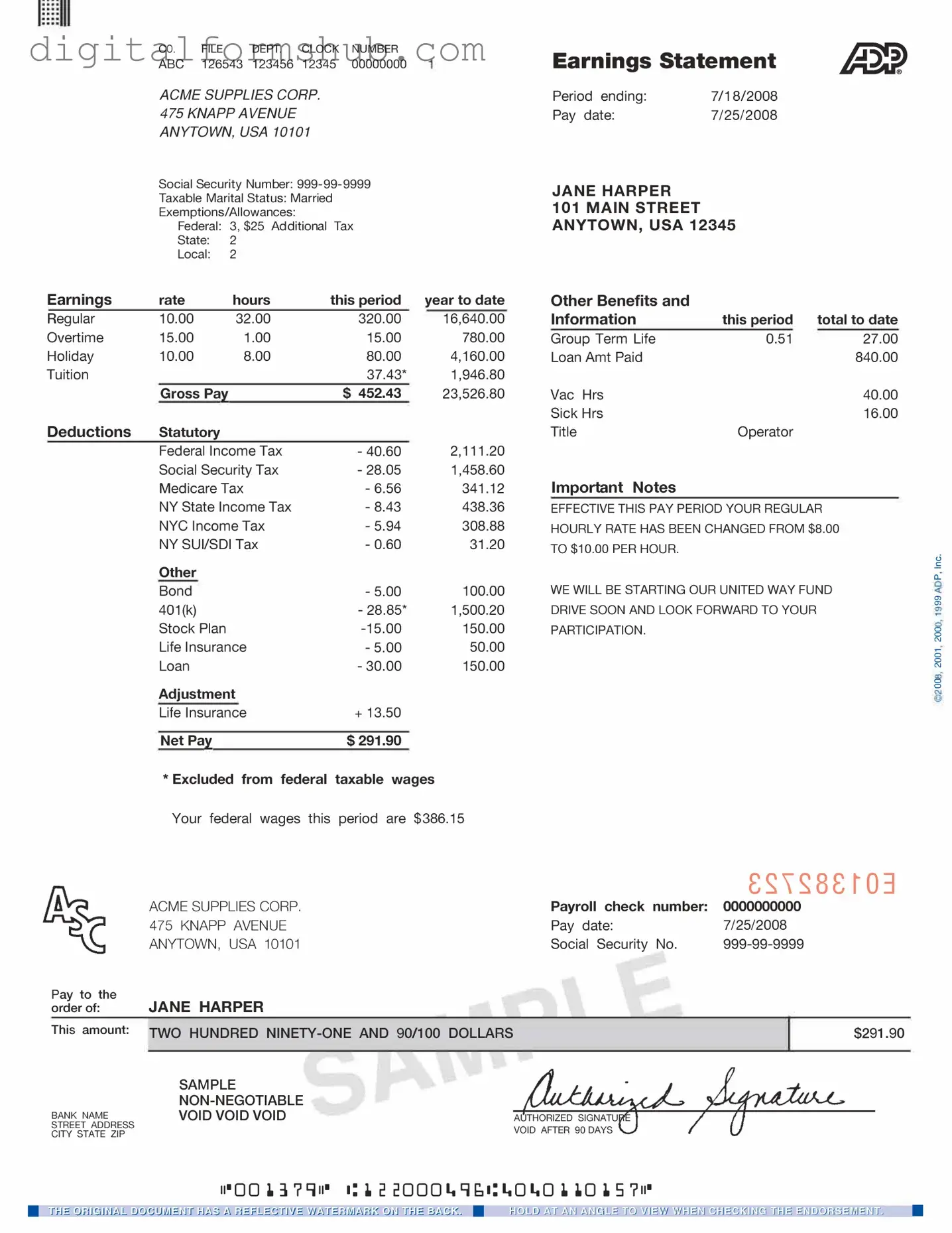 Free Adp Pay Stub Form in PDF