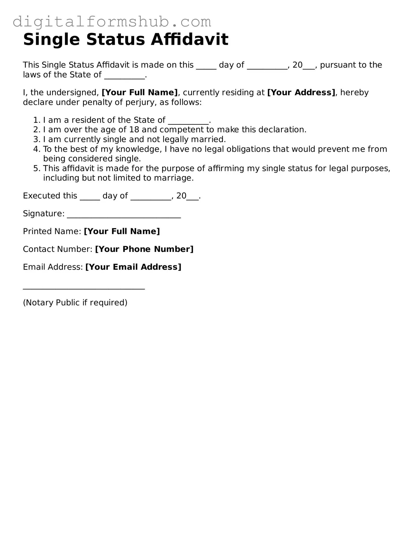 Valid Single Status Affidavit Document