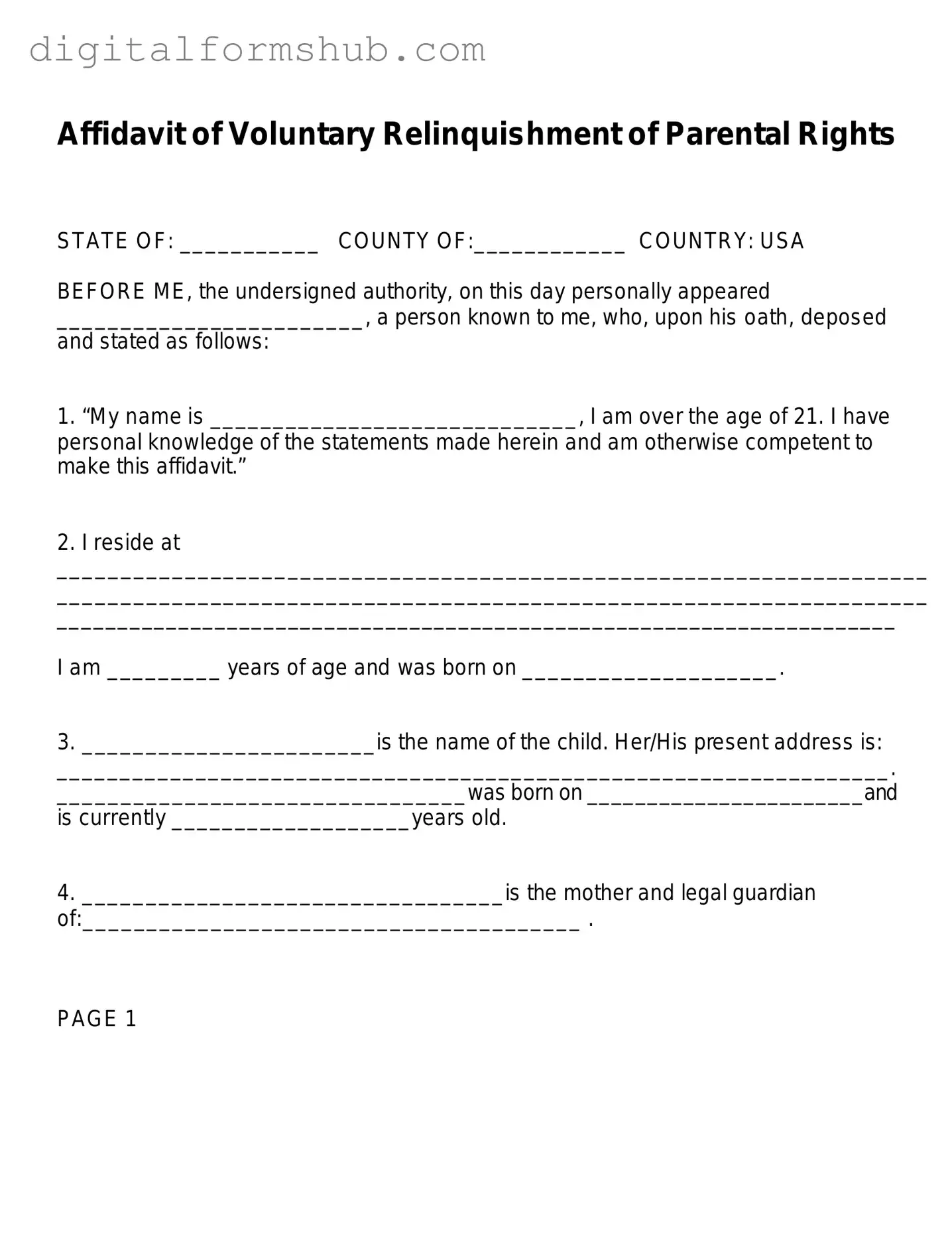 Free Affidavit Parental Rights Form in PDF