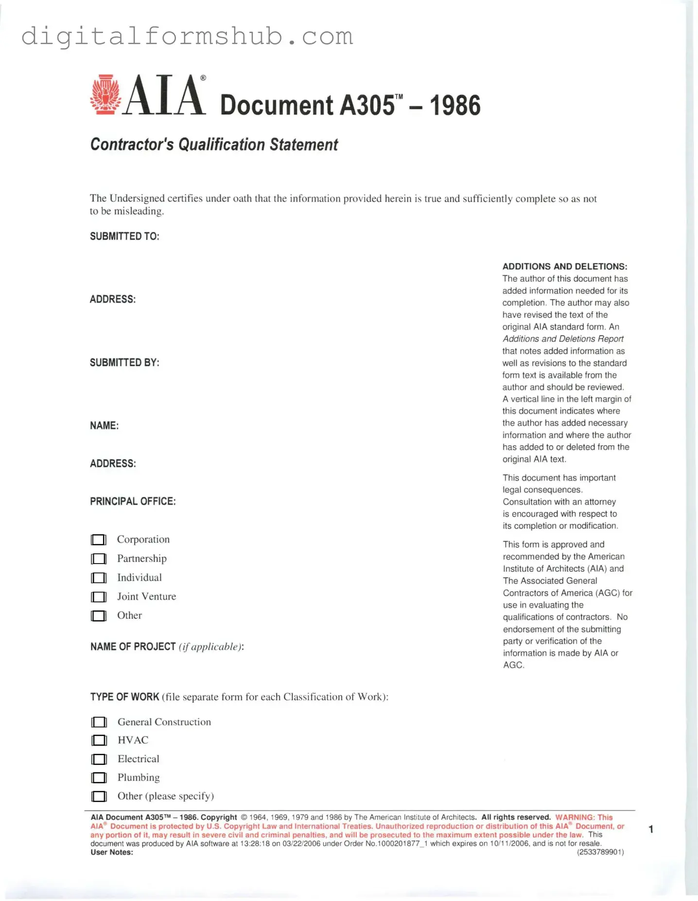 Free AIA A305 Form in PDF
