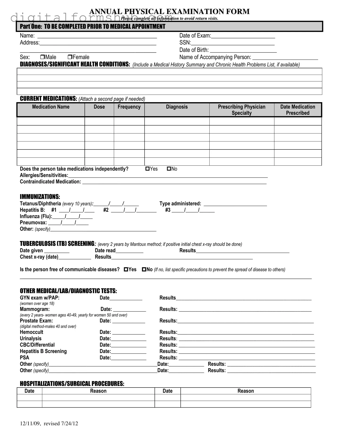 Free Annual Physical Examination Form in PDF