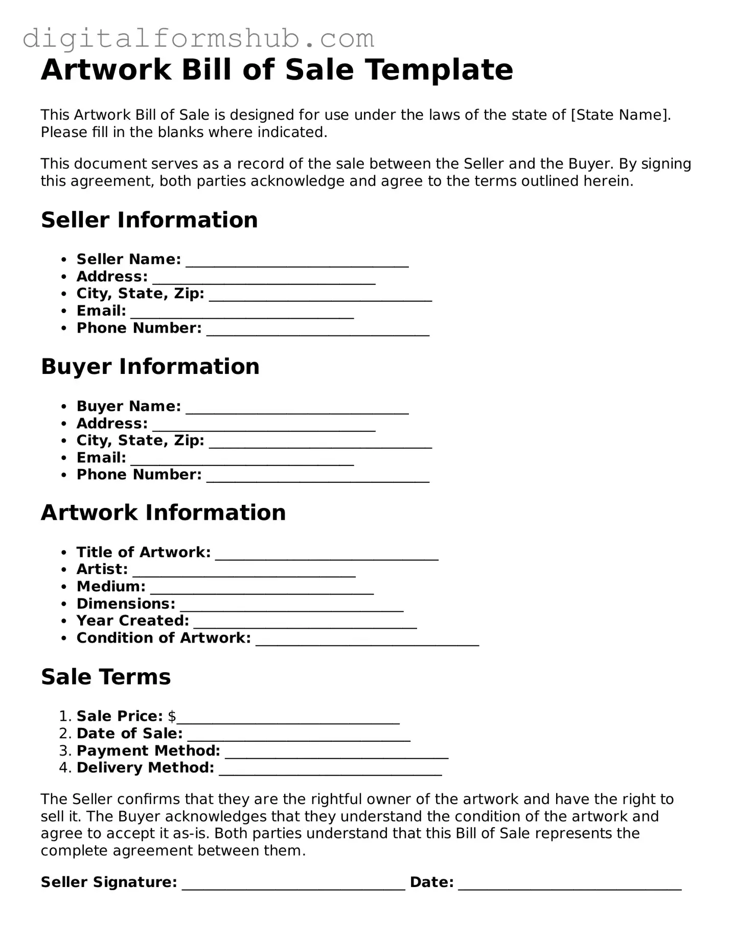 Valid Artwork Bill of Sale Document