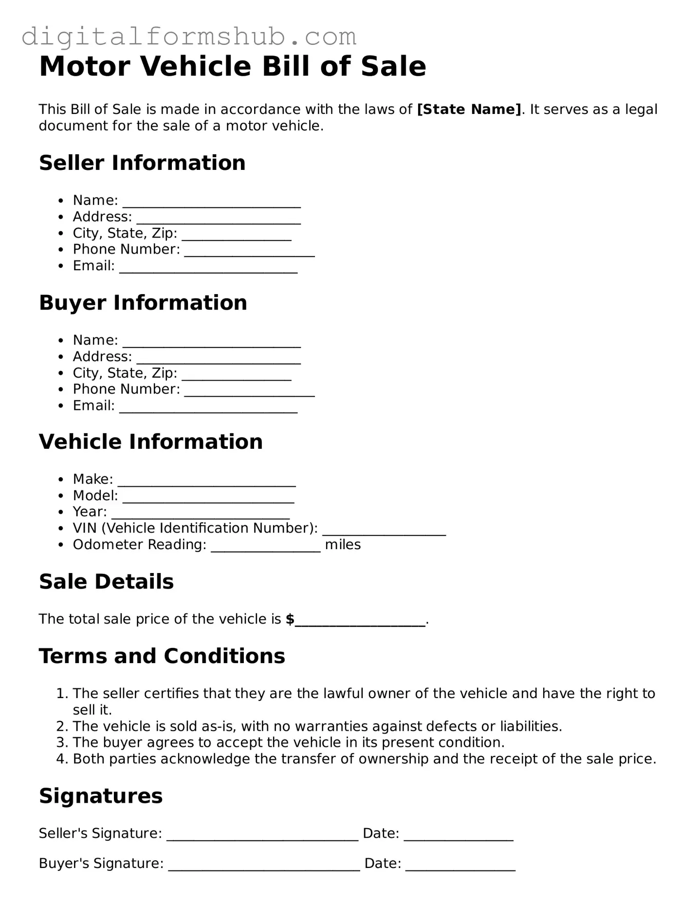 Valid Motor Vehicle Bill of Sale Document