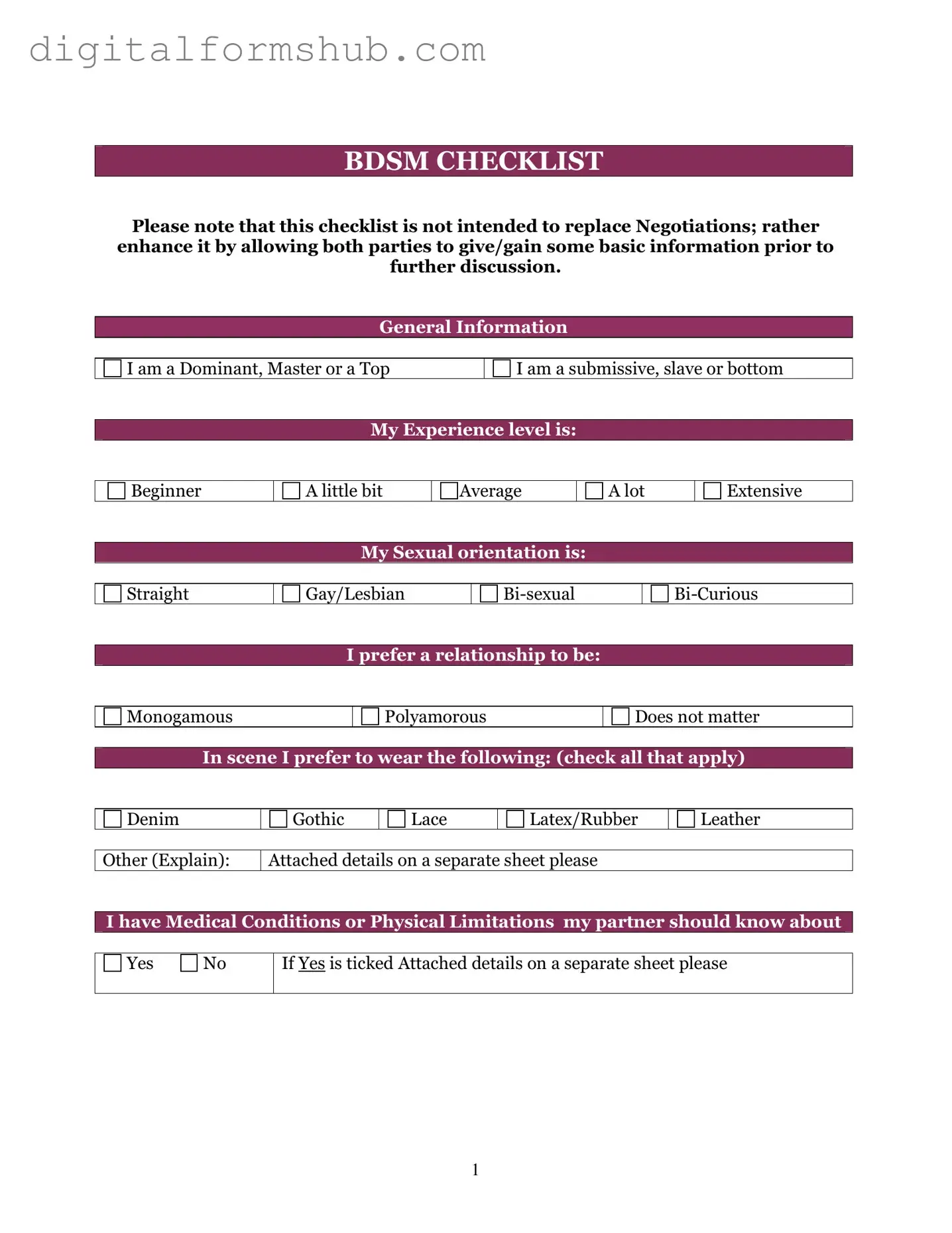 Free Bdsm Checklist Form in PDF