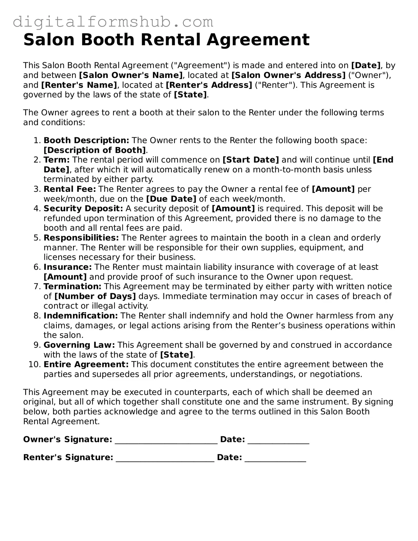 Valid Salon Booth Rental Agreement Document