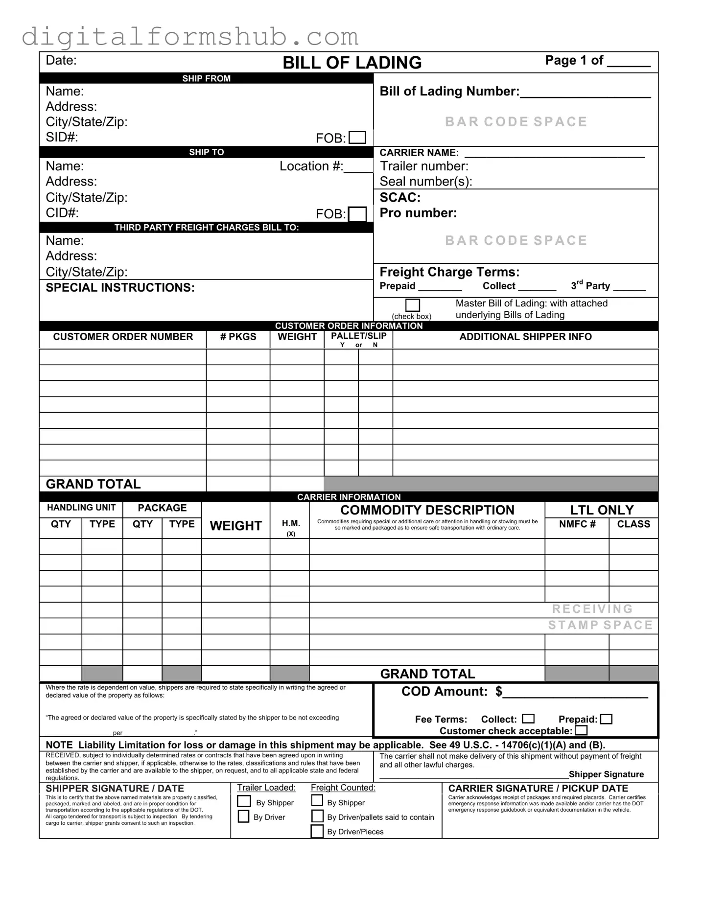 Free Bill of Lading with a Supplement Form in PDF