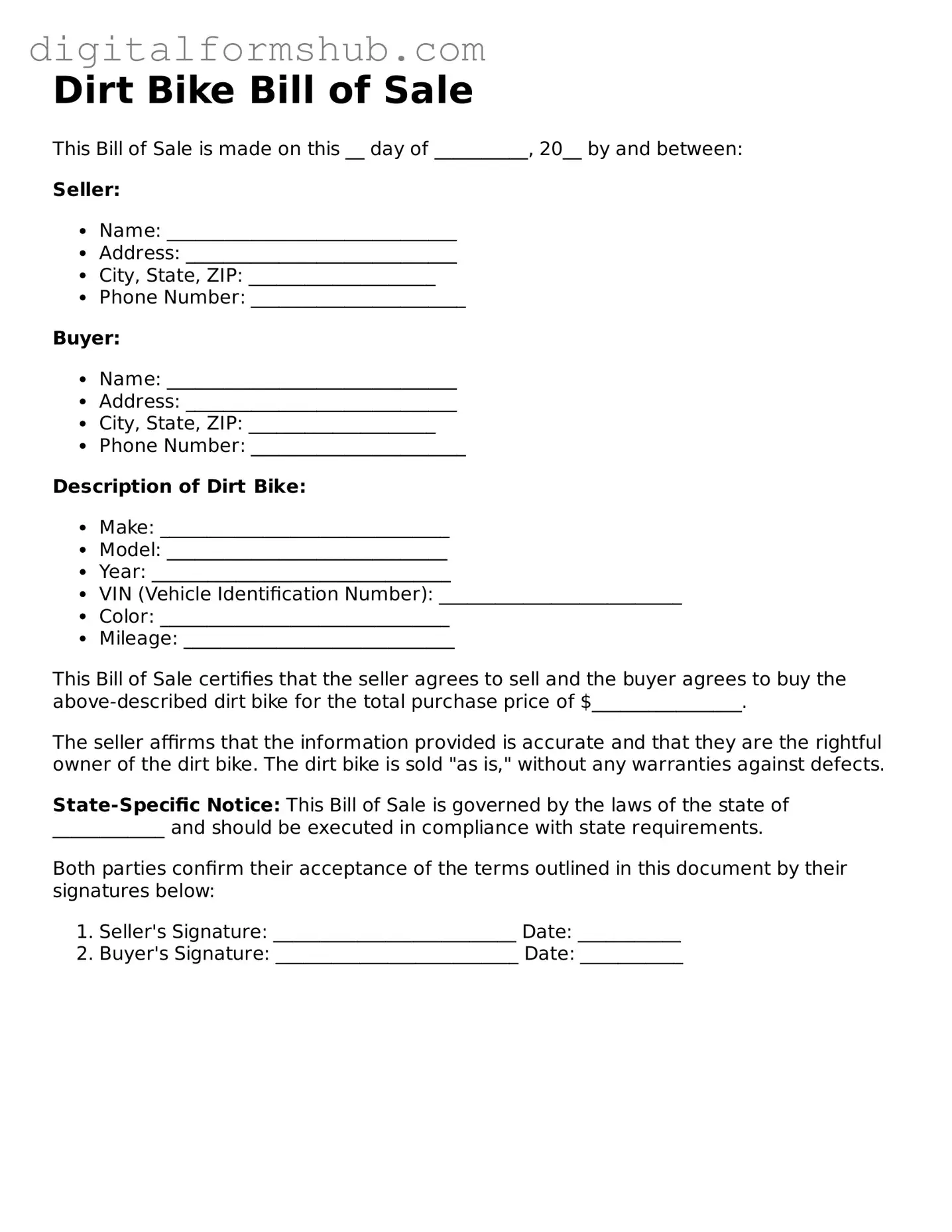 Valid Dirt Bike Bill of Sale Document