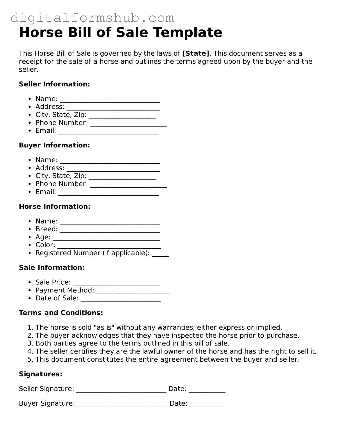 Valid Horse Bill of Sale Document