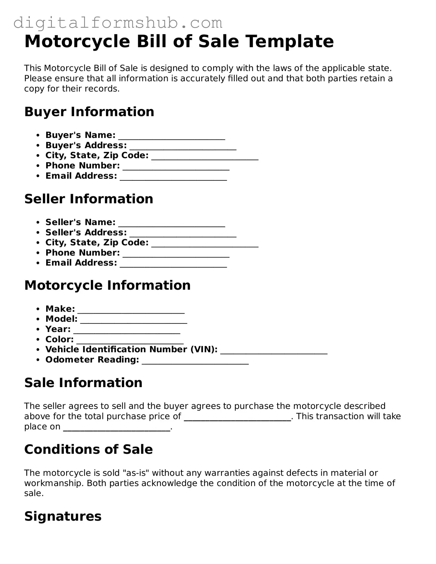 Valid Motorcycle Bill of Sale Document