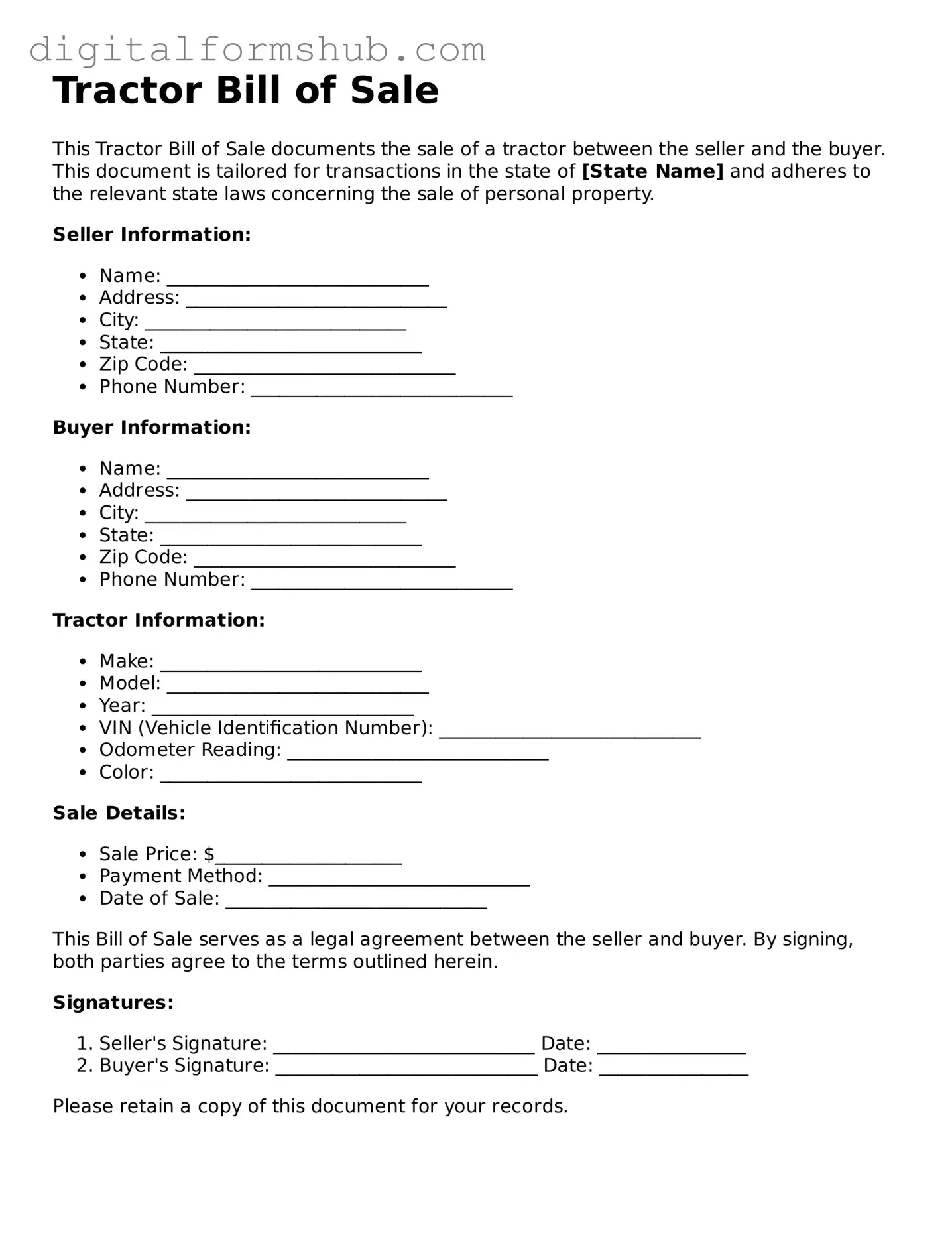 Valid Tractor Bill of Sale Document