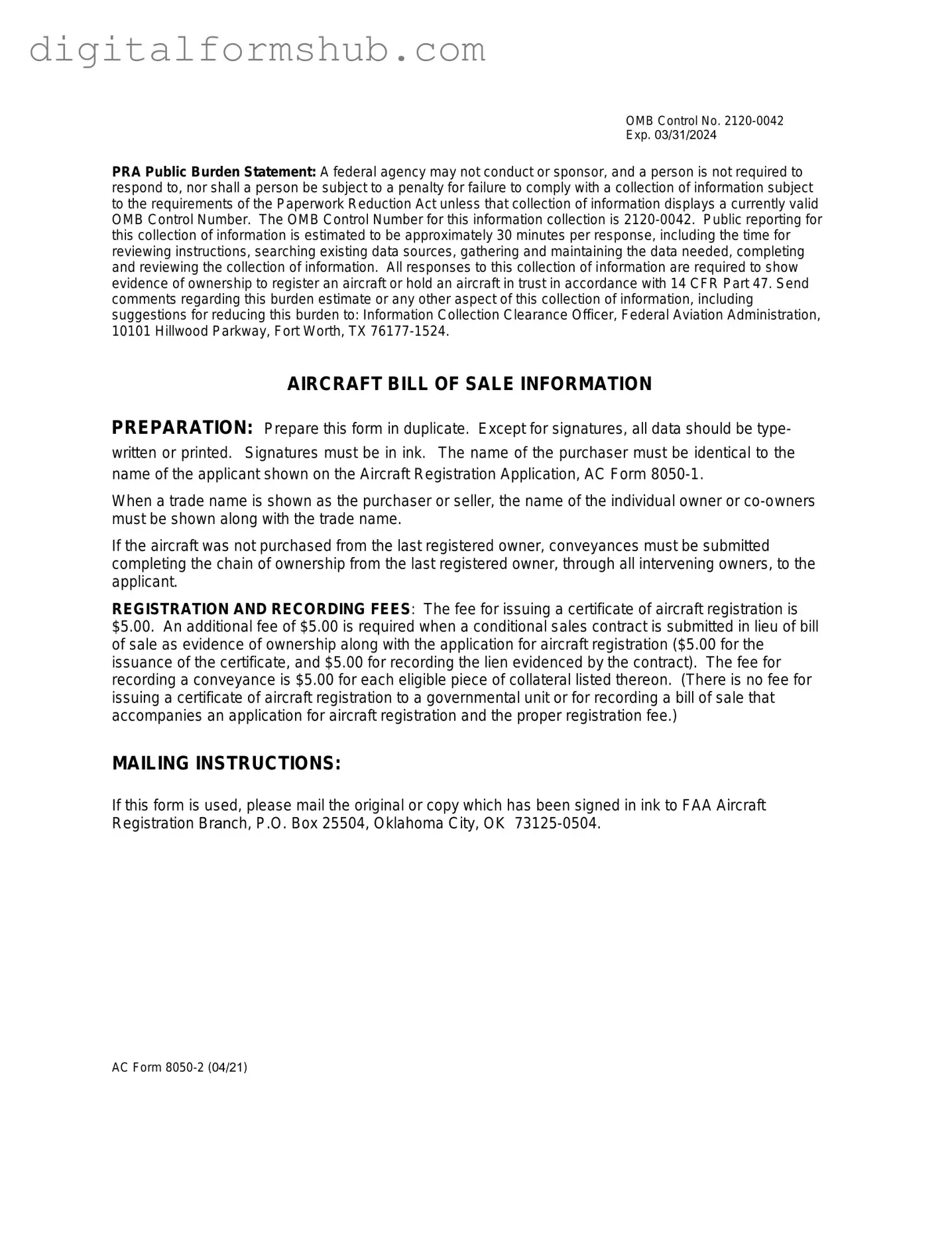 Free Aircraft Bill of Sale AC 8050-2 Form in PDF