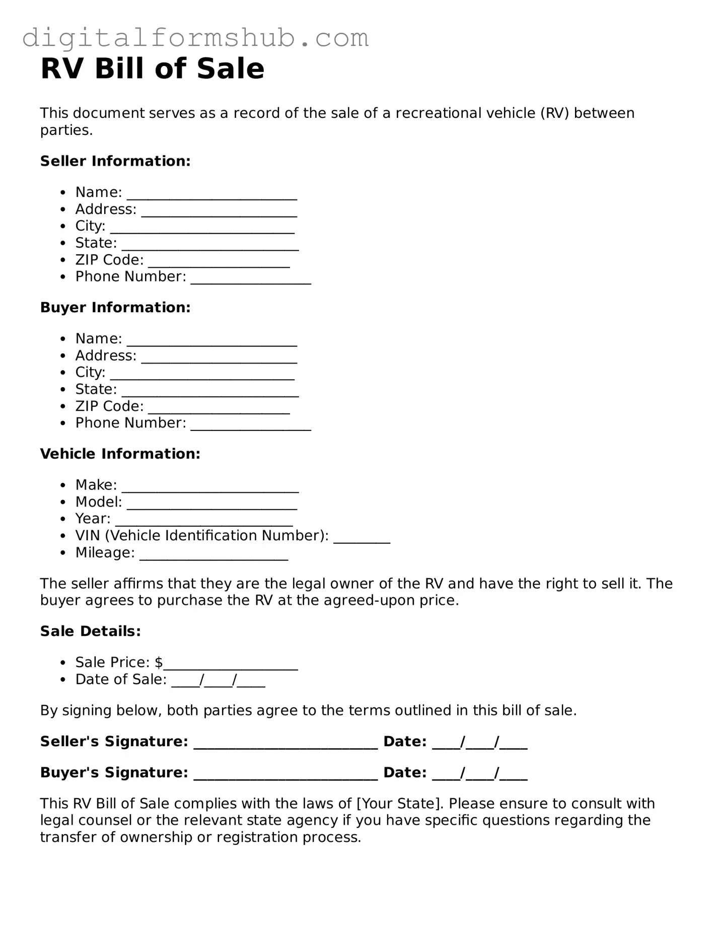 Valid RV Bill of Sale Document