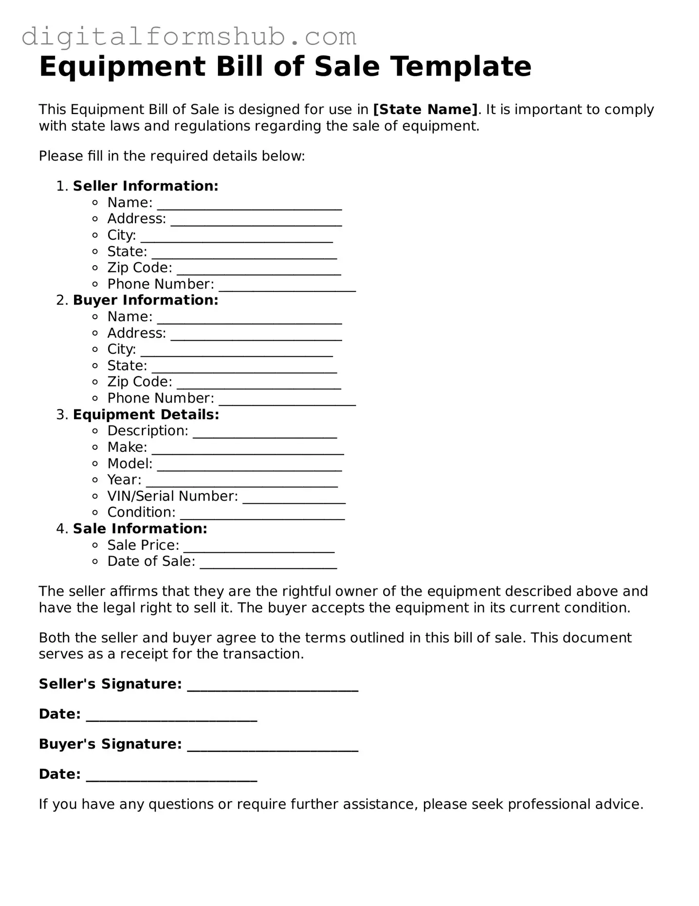 Valid Equipment Bill of Sale Document