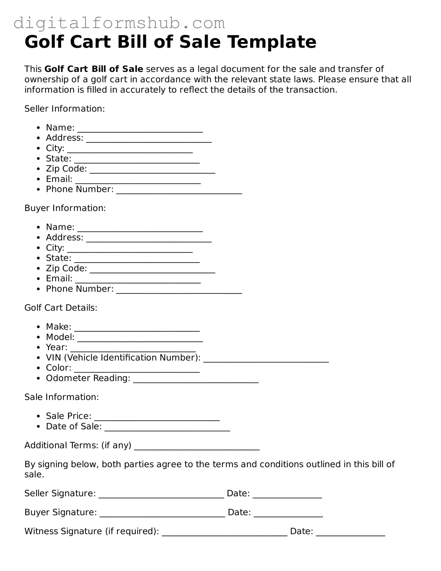 Valid Golf Cart Bill of Sale Document