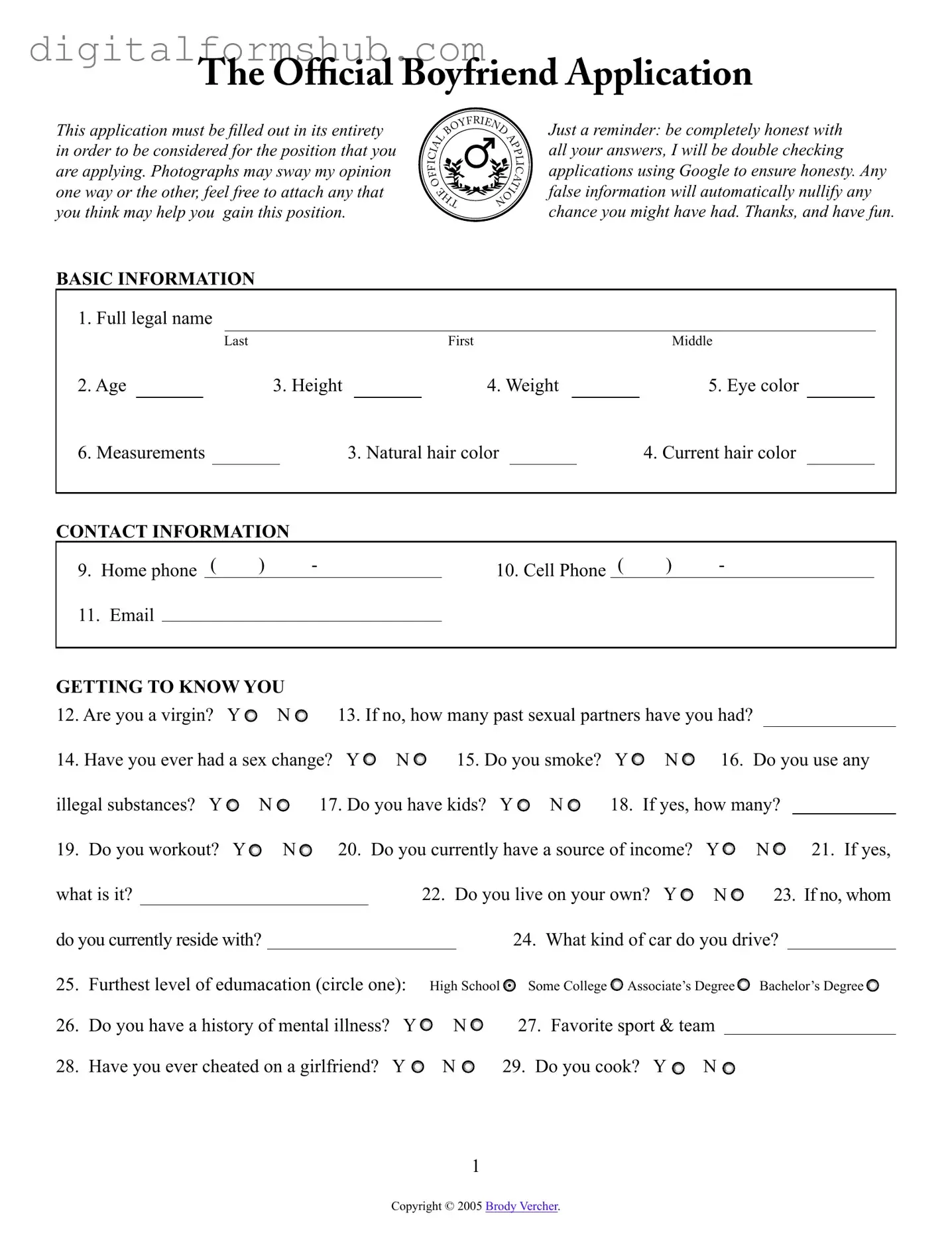 Free Boyfriend application form Form in PDF