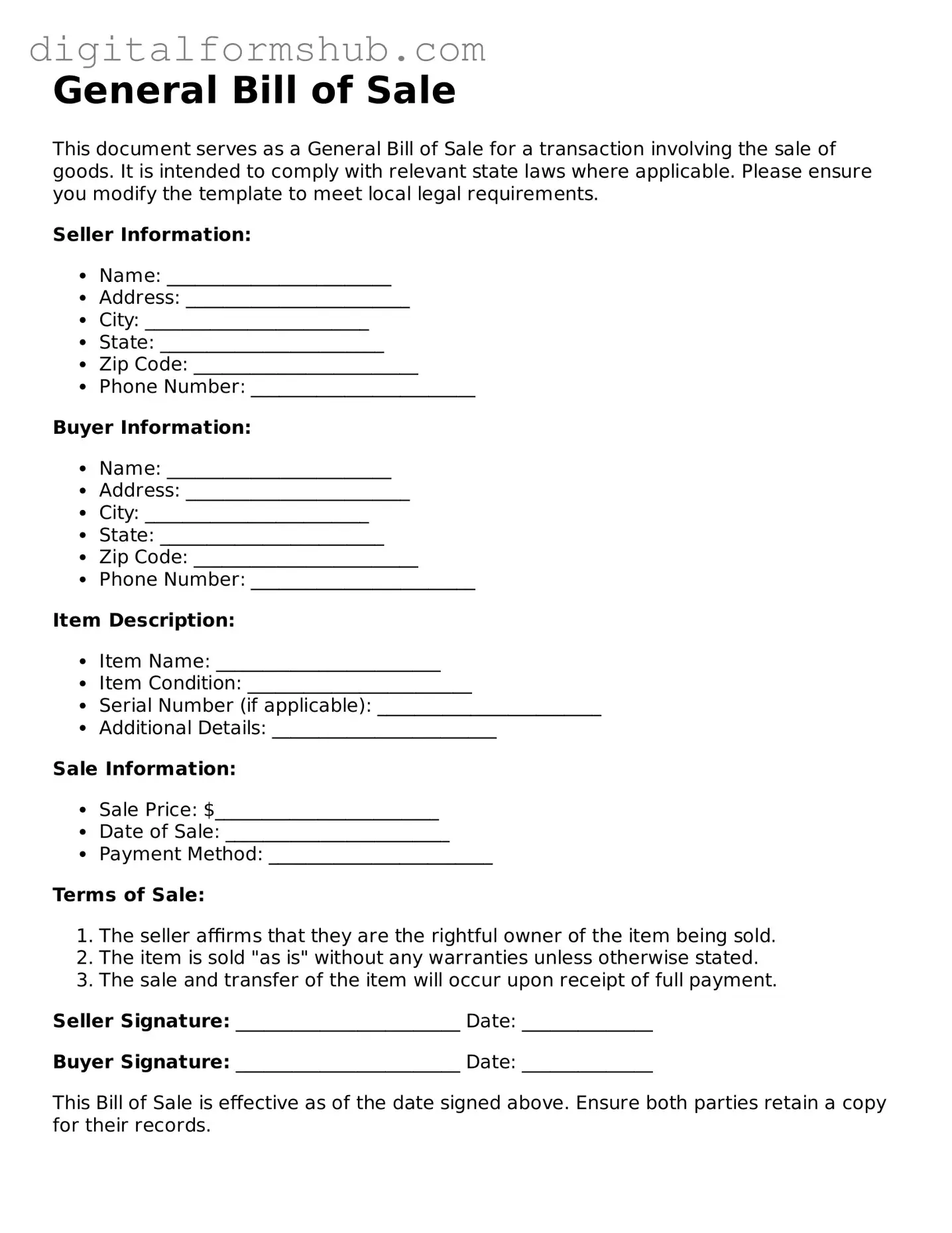 Valid General Bill of Sale Document