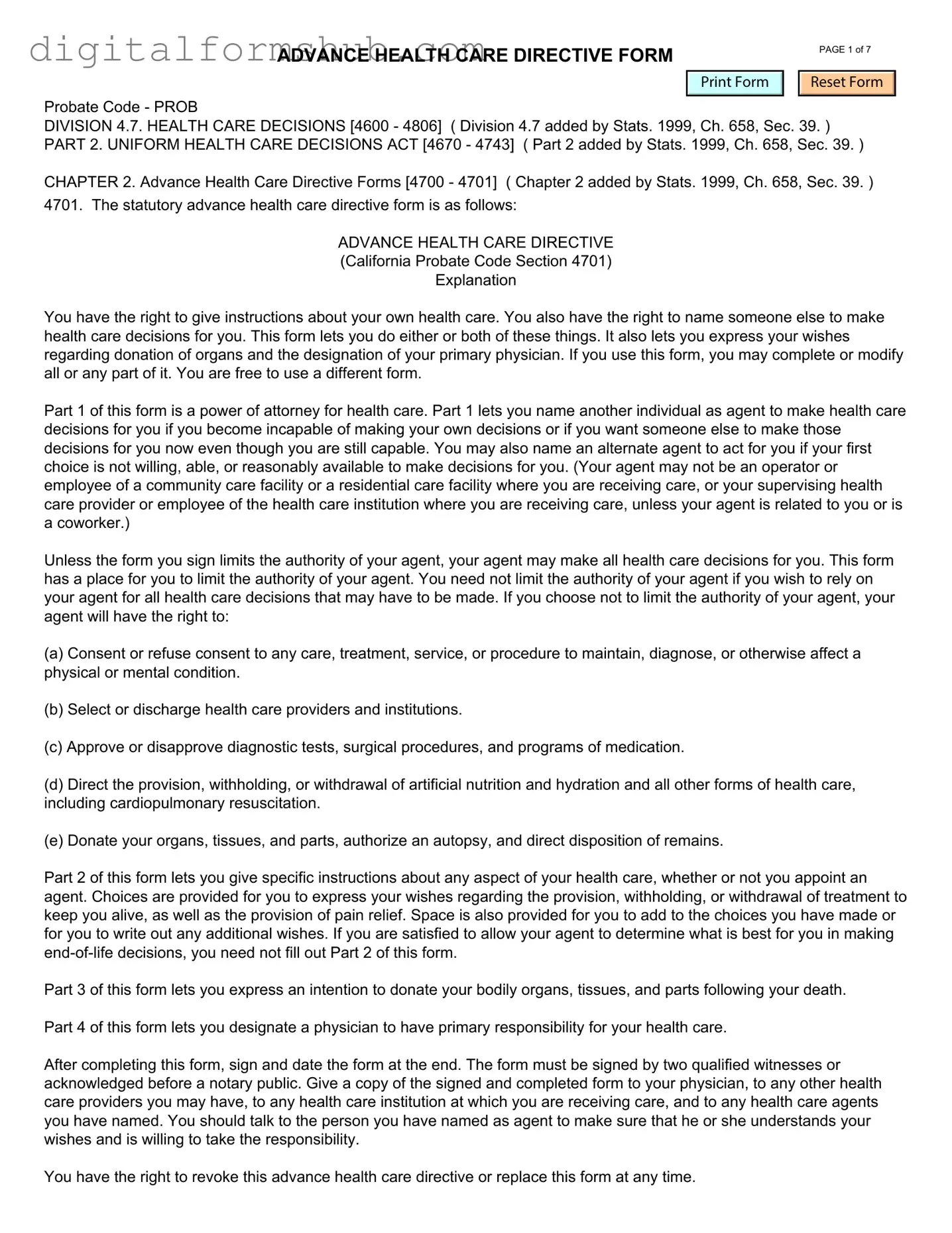 Free California Advanced Health Care Directive Form in PDF