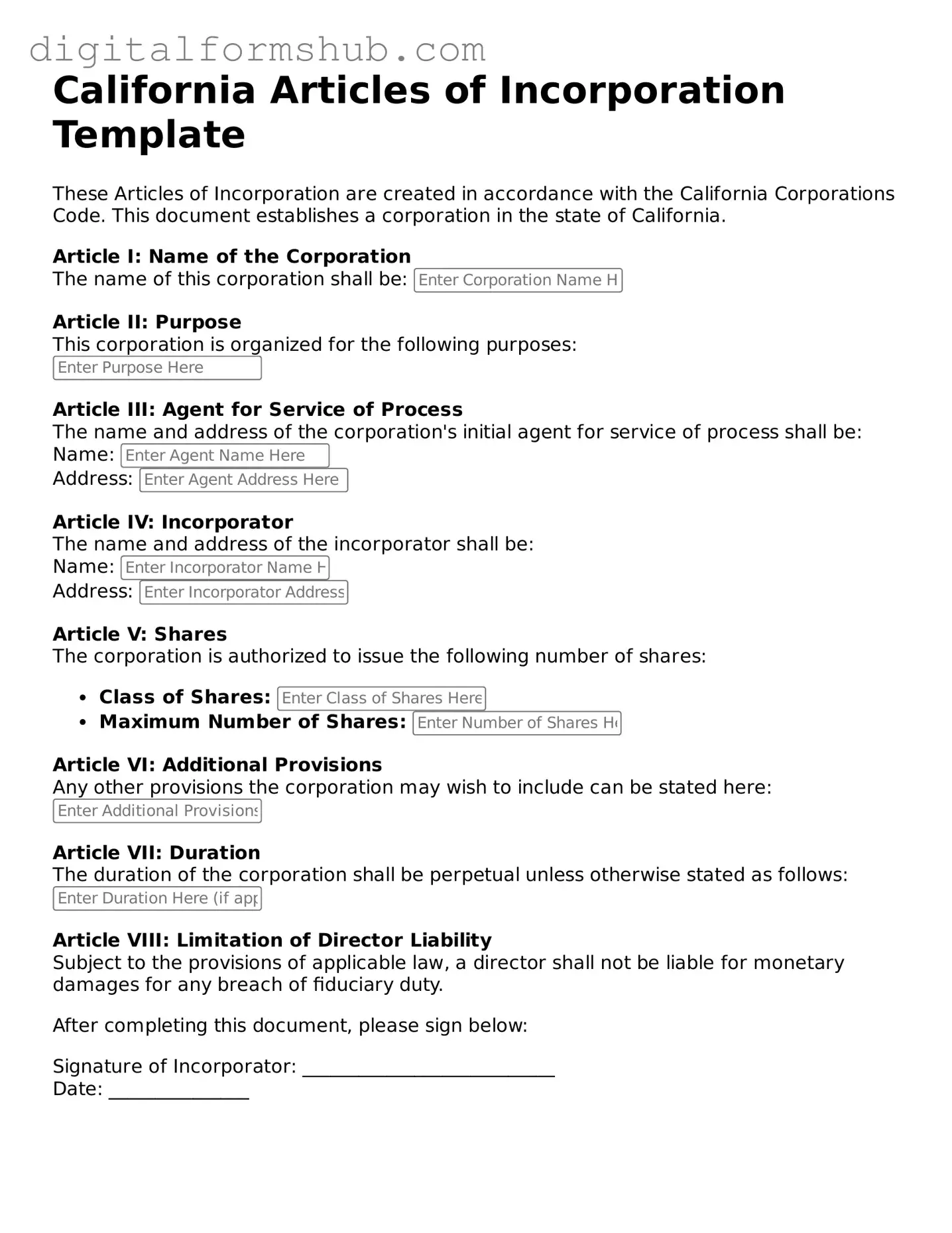 Official Articles of Incorporation Template for the State of California