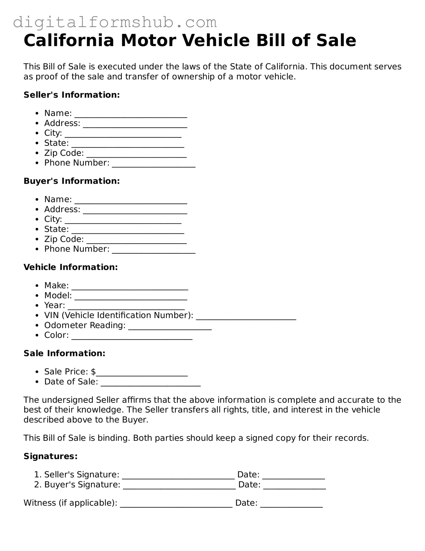Official Motor Vehicle Bill of Sale Template for the State of California