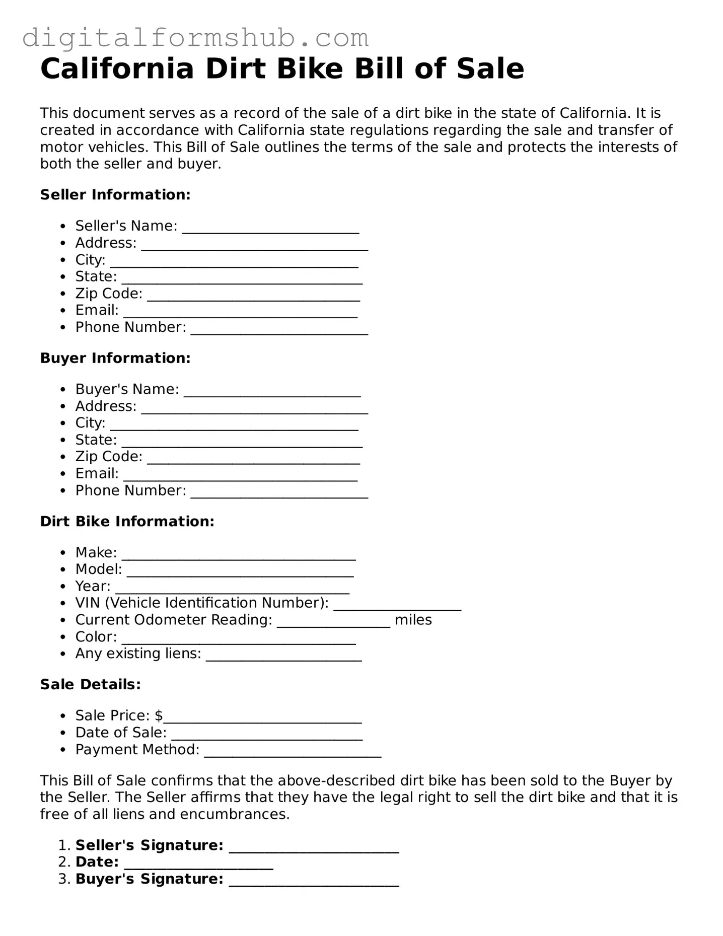 Official Dirt Bike Bill of Sale Template for the State of California