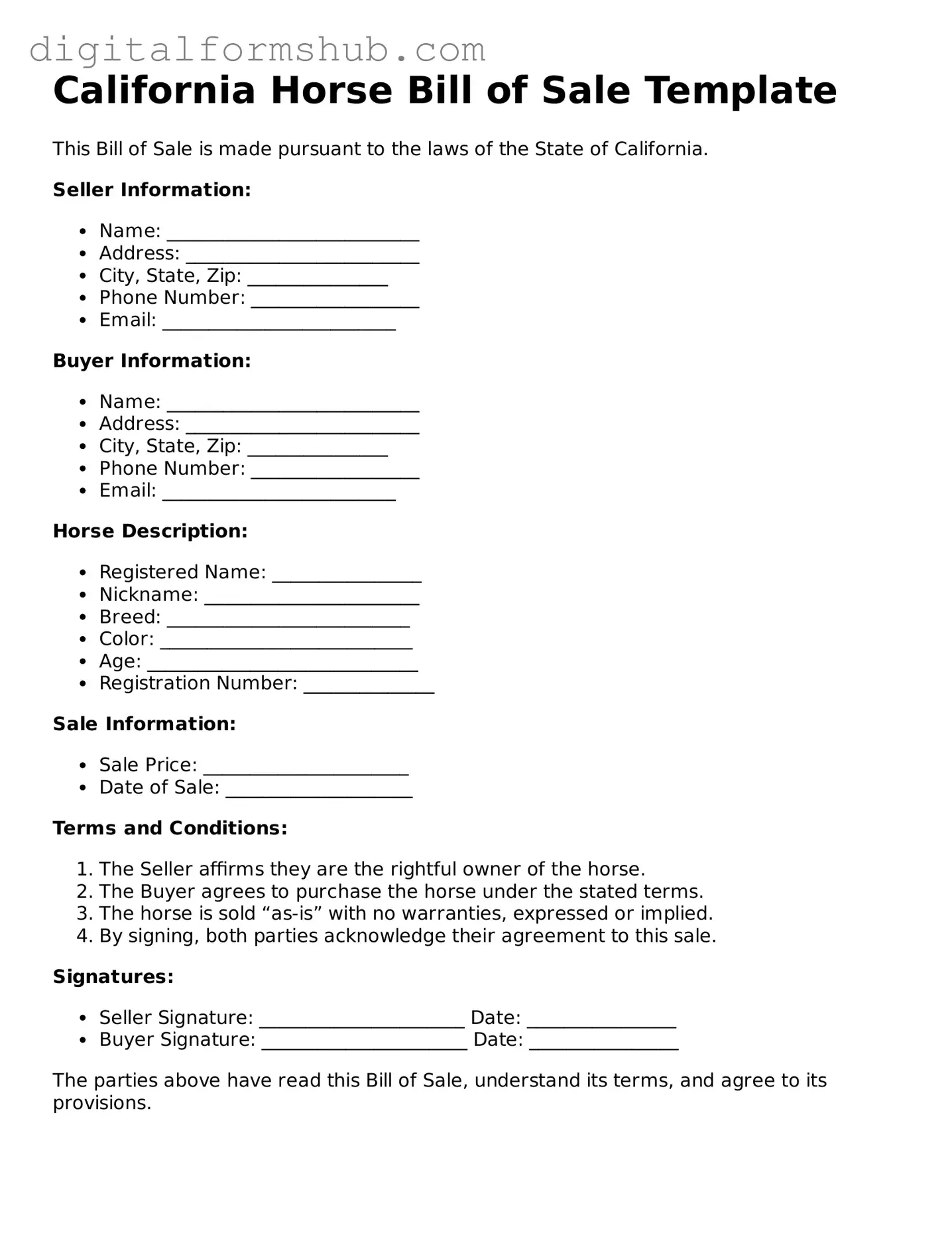 Official Horse Bill of Sale Template for the State of California