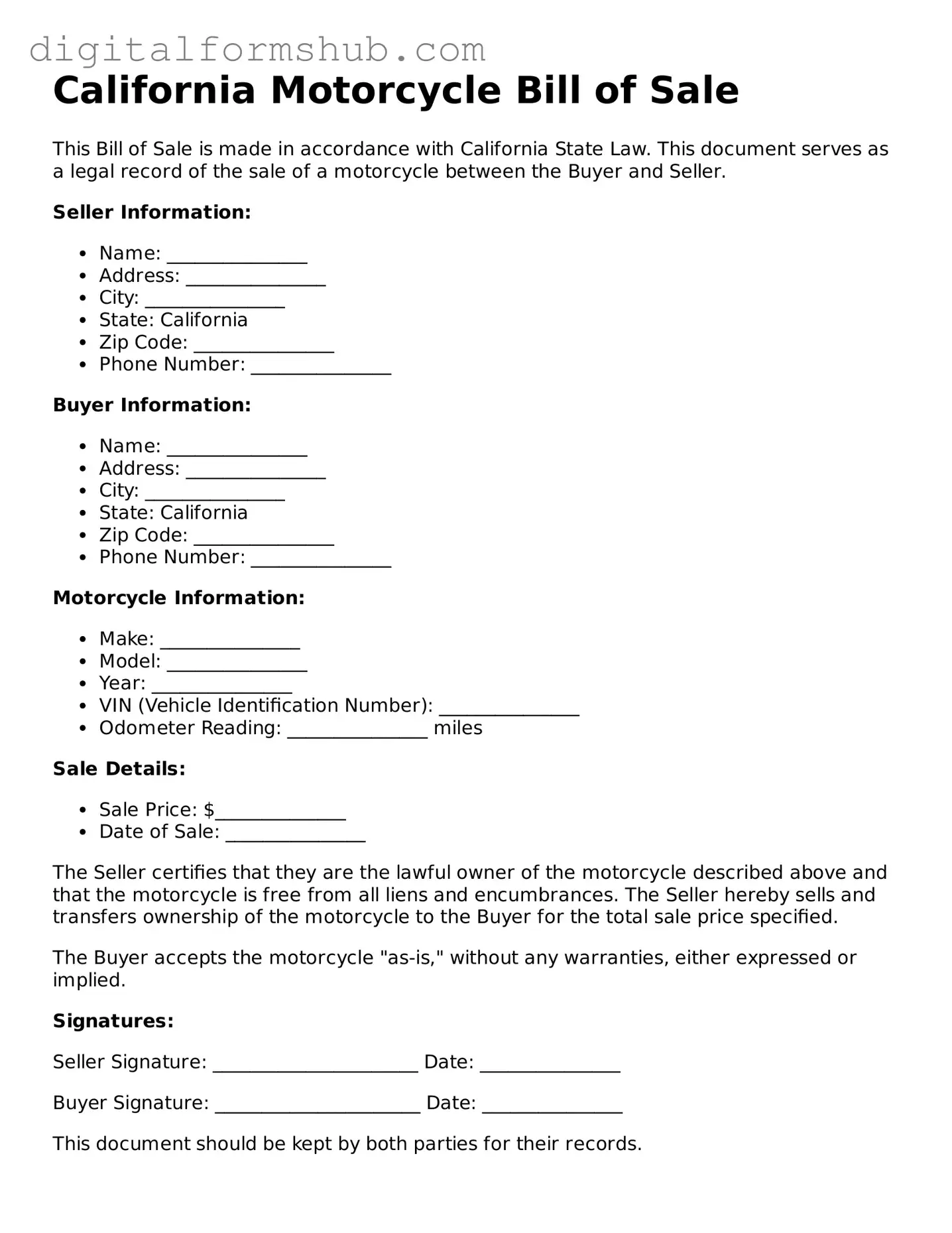 Official Motorcycle Bill of Sale Template for the State of California