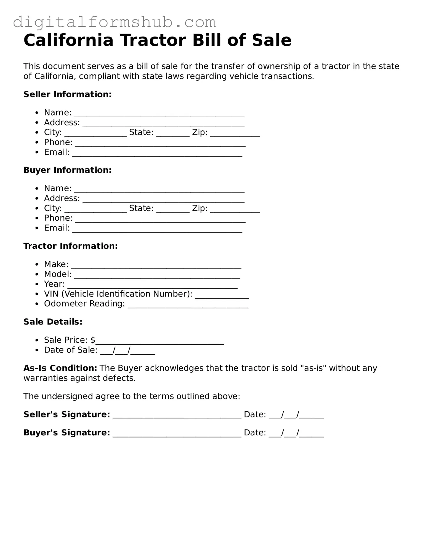Official Tractor Bill of Sale Template for the State of California