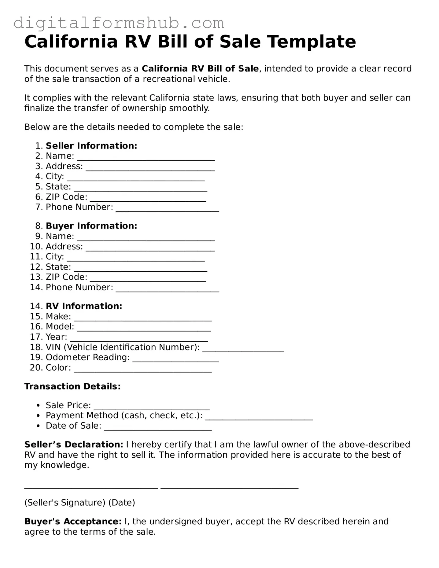 Official RV Bill of Sale Template for the State of California