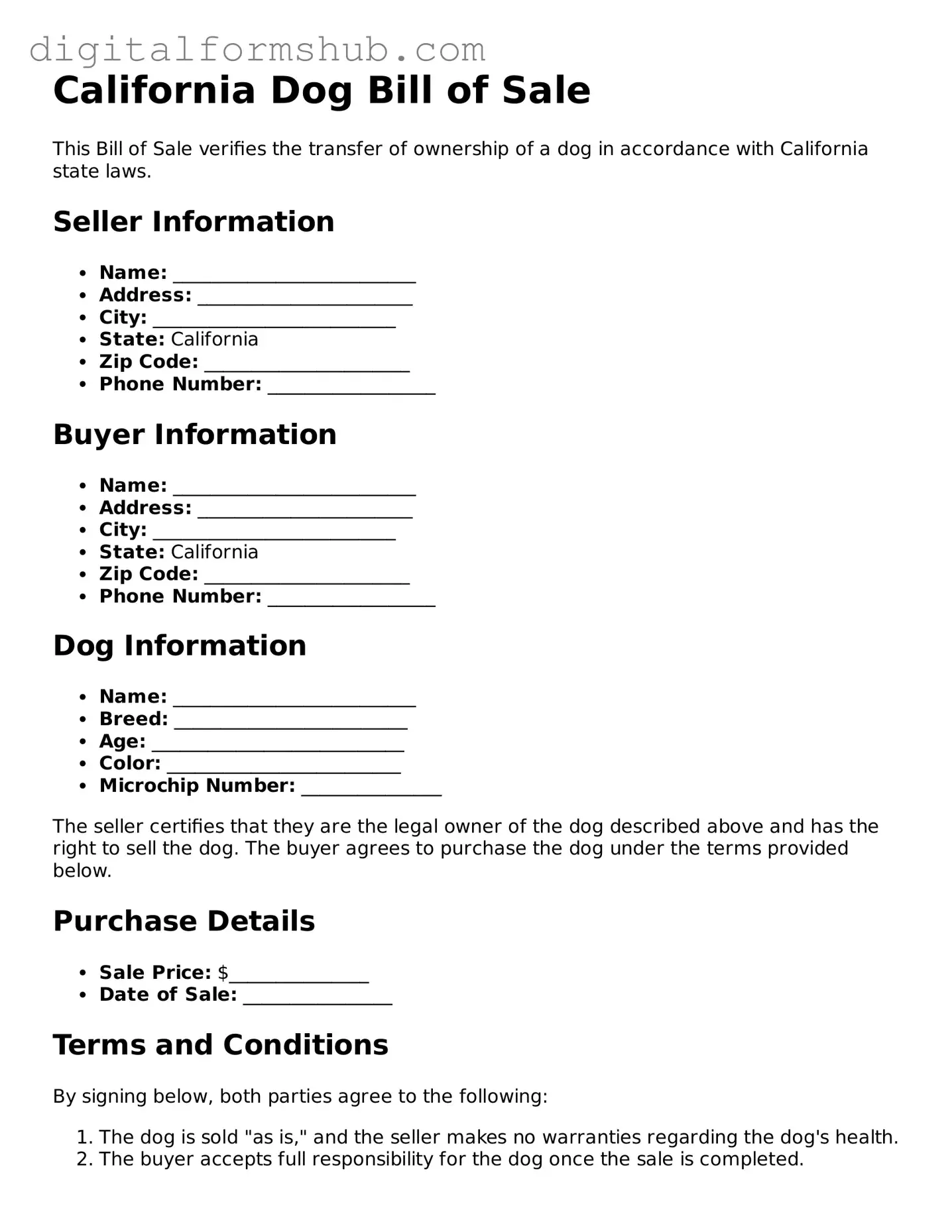 Official Dog Bill of Sale Template for the State of California