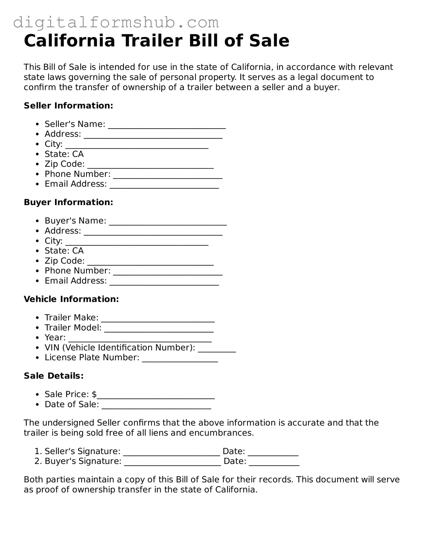 Official Trailer Bill of Sale Template for the State of California