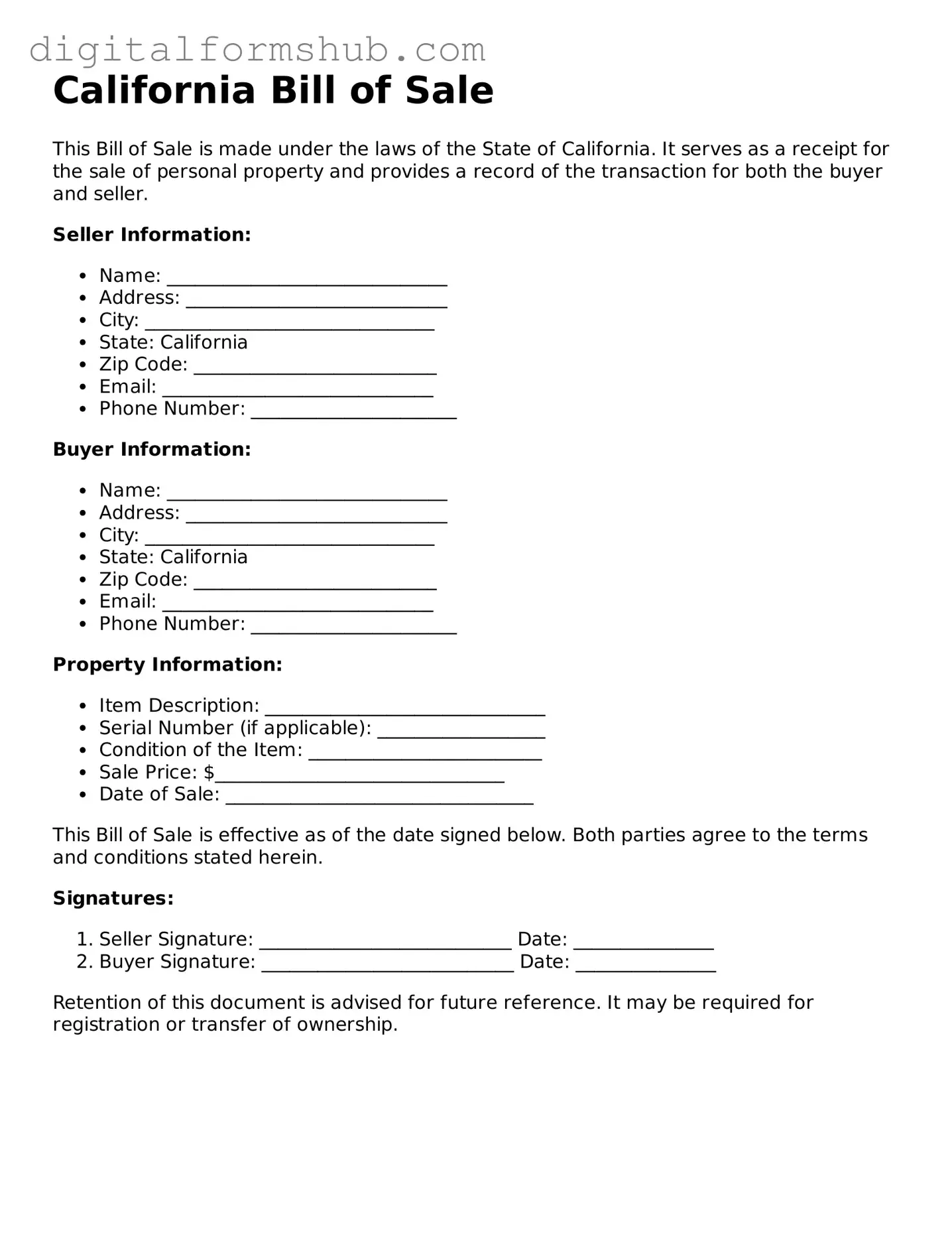 Official Bill of Sale Template for the State of California