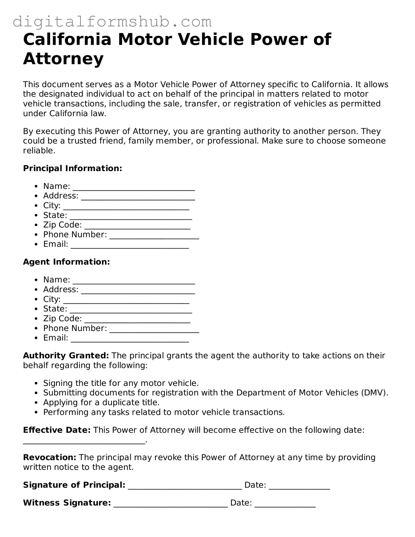 Official Motor Vehicle Power of Attorney Template for the State of California