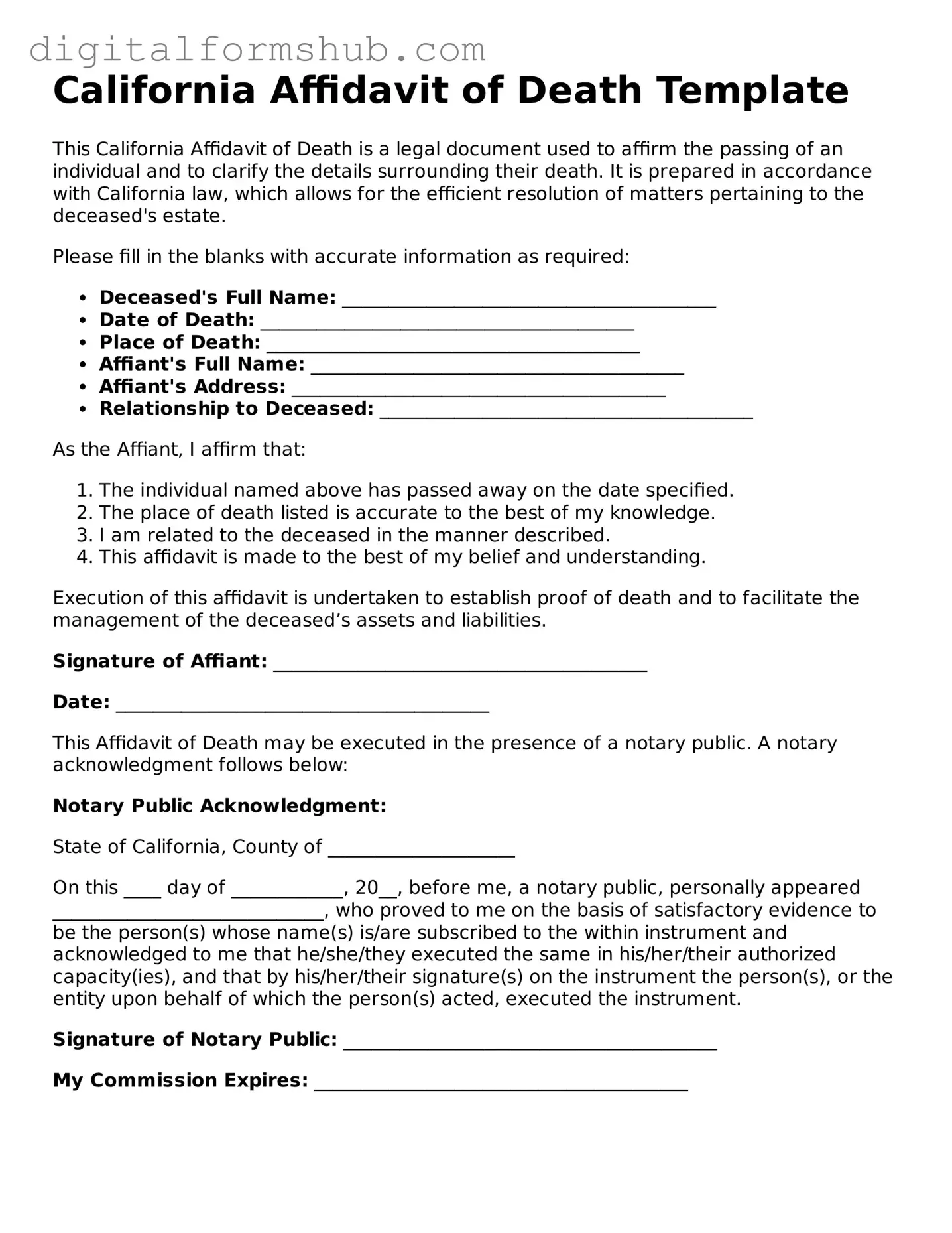 Official Affidavit of Death Template for the State of California
