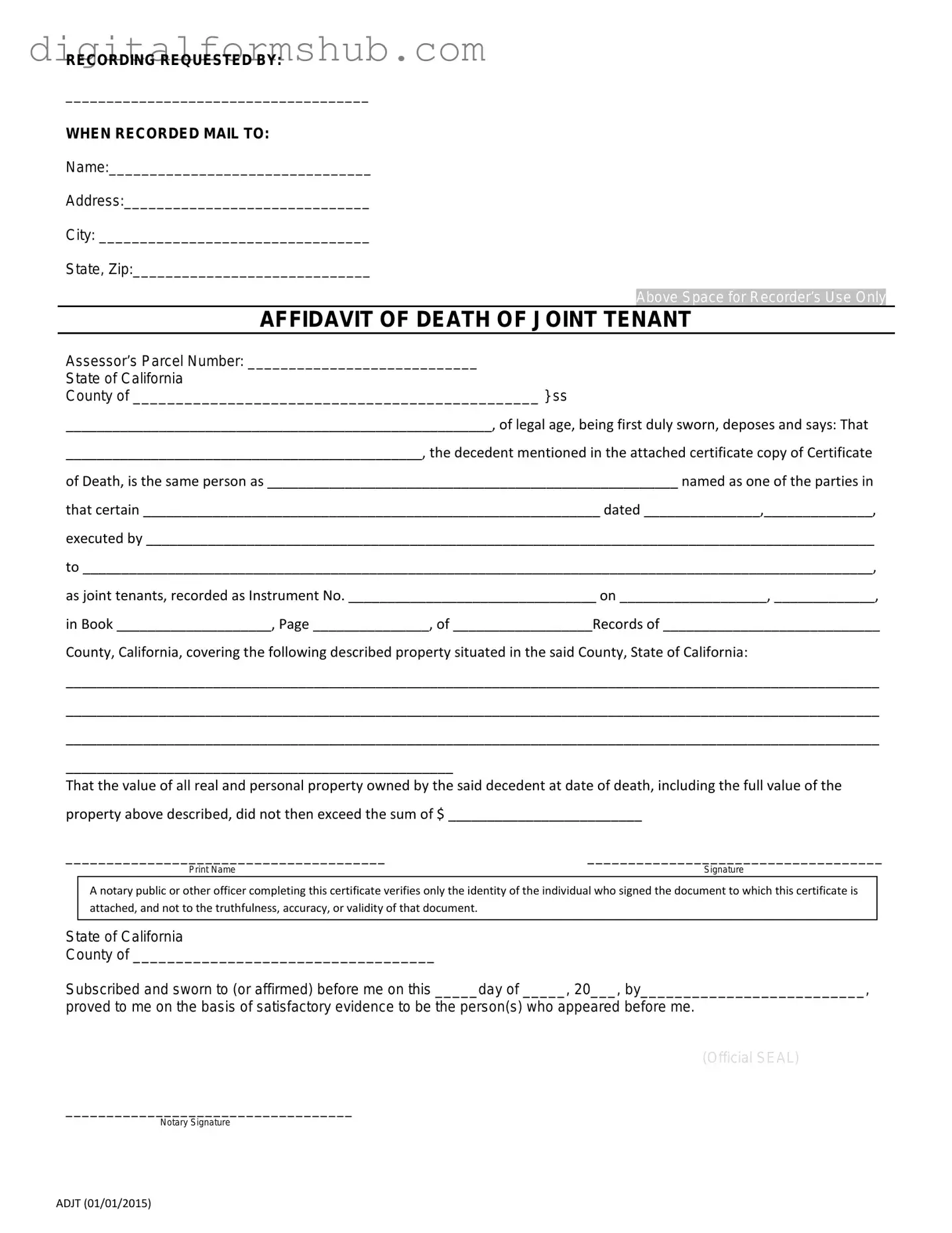 Free California Death of a Joint Tenant Affidavit Form in PDF