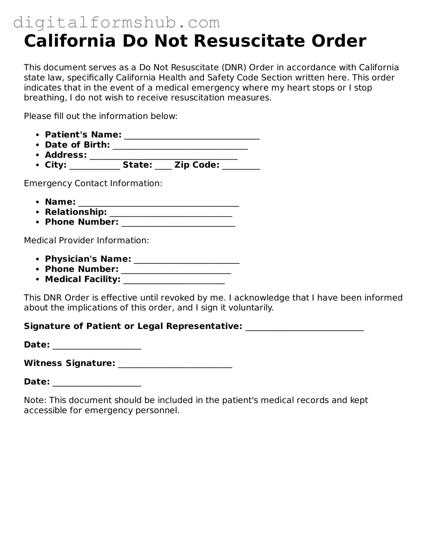 Official Do Not Resuscitate Order Template for the State of California