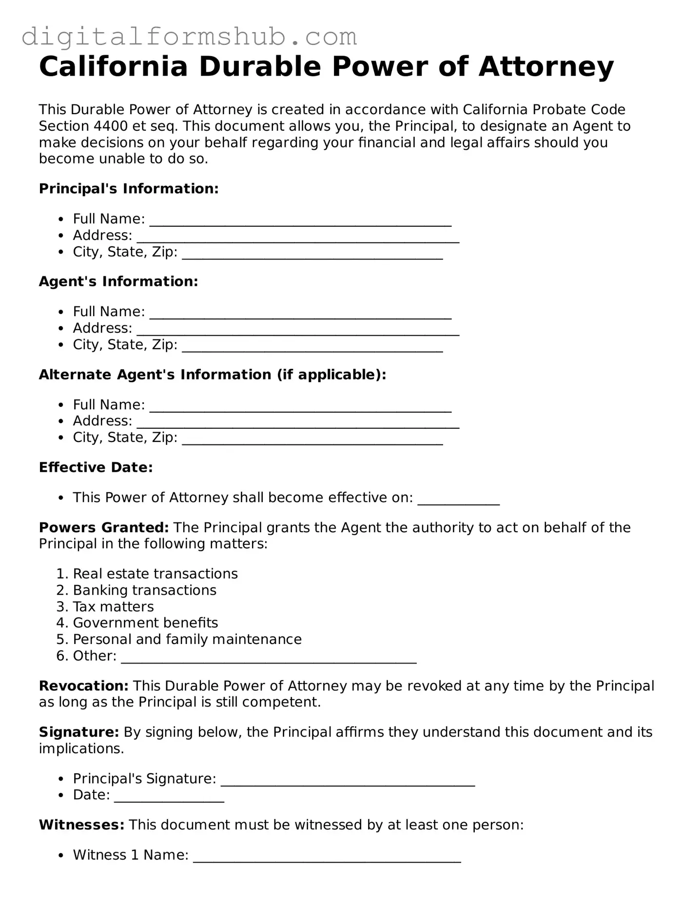 Official Durable Power of Attorney Template for the State of California
