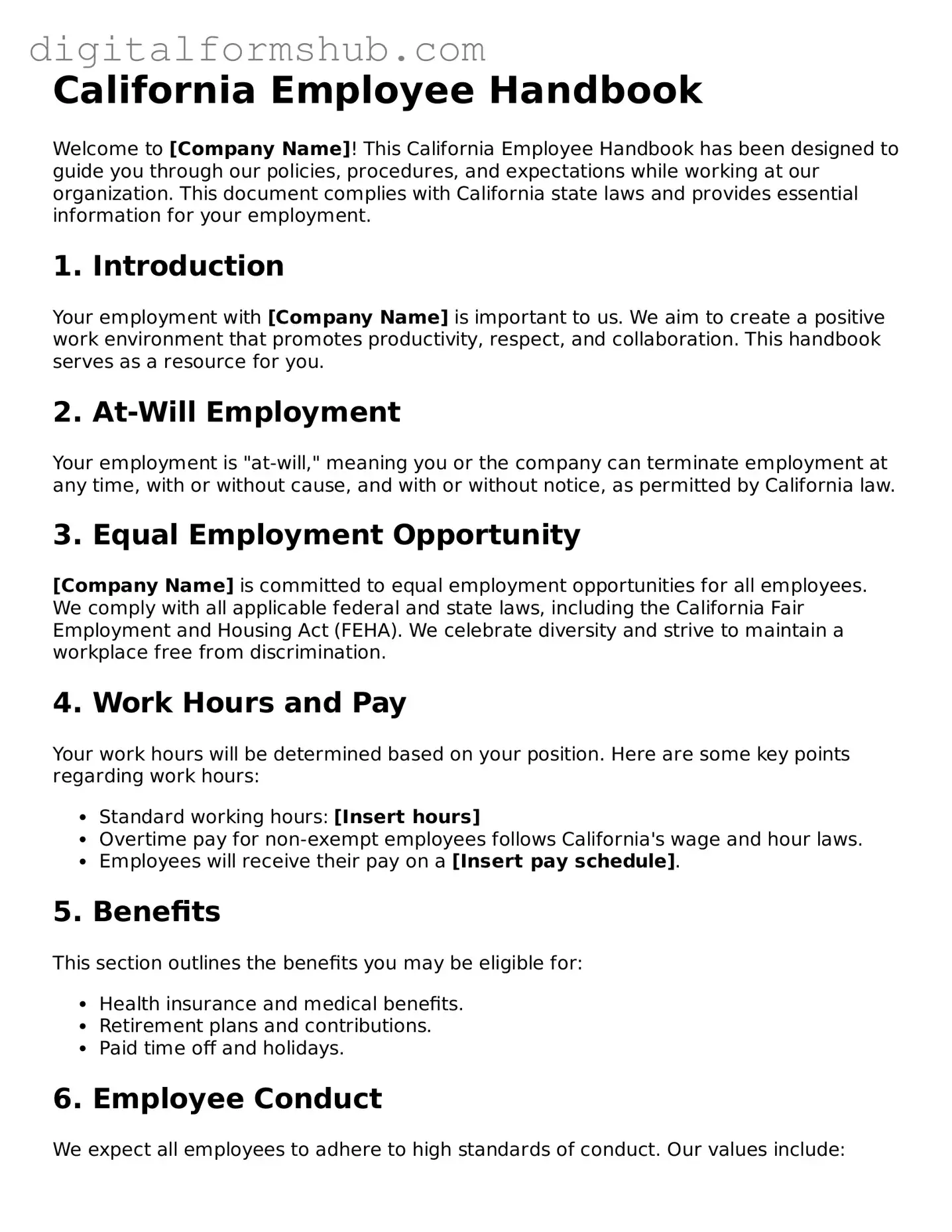 Official Employee Handbook Template for the State of California