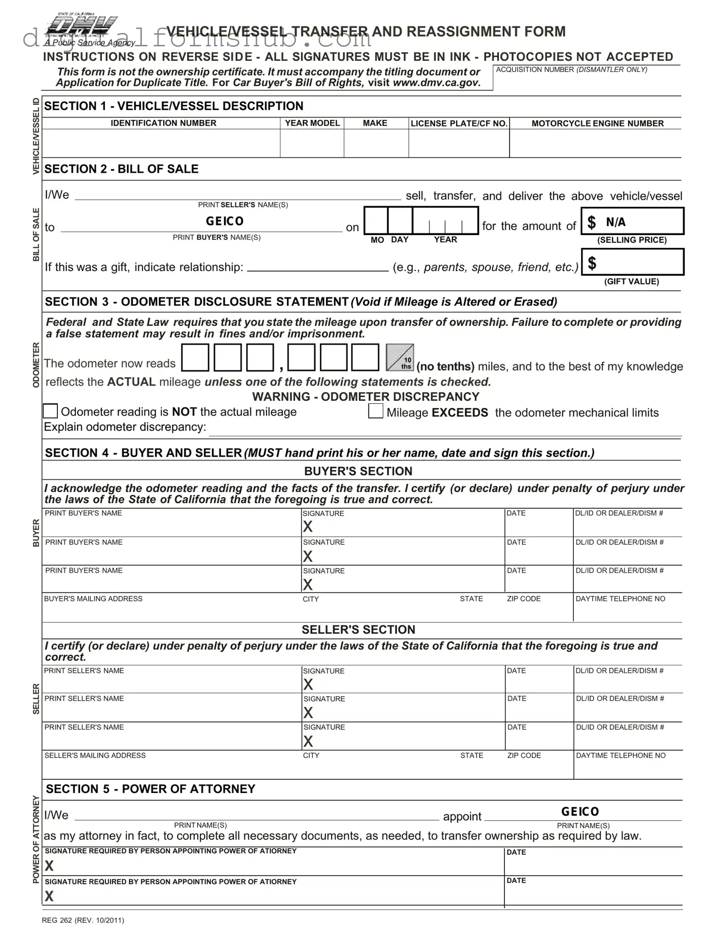 Free California Fotm Reg 262 Form in PDF
