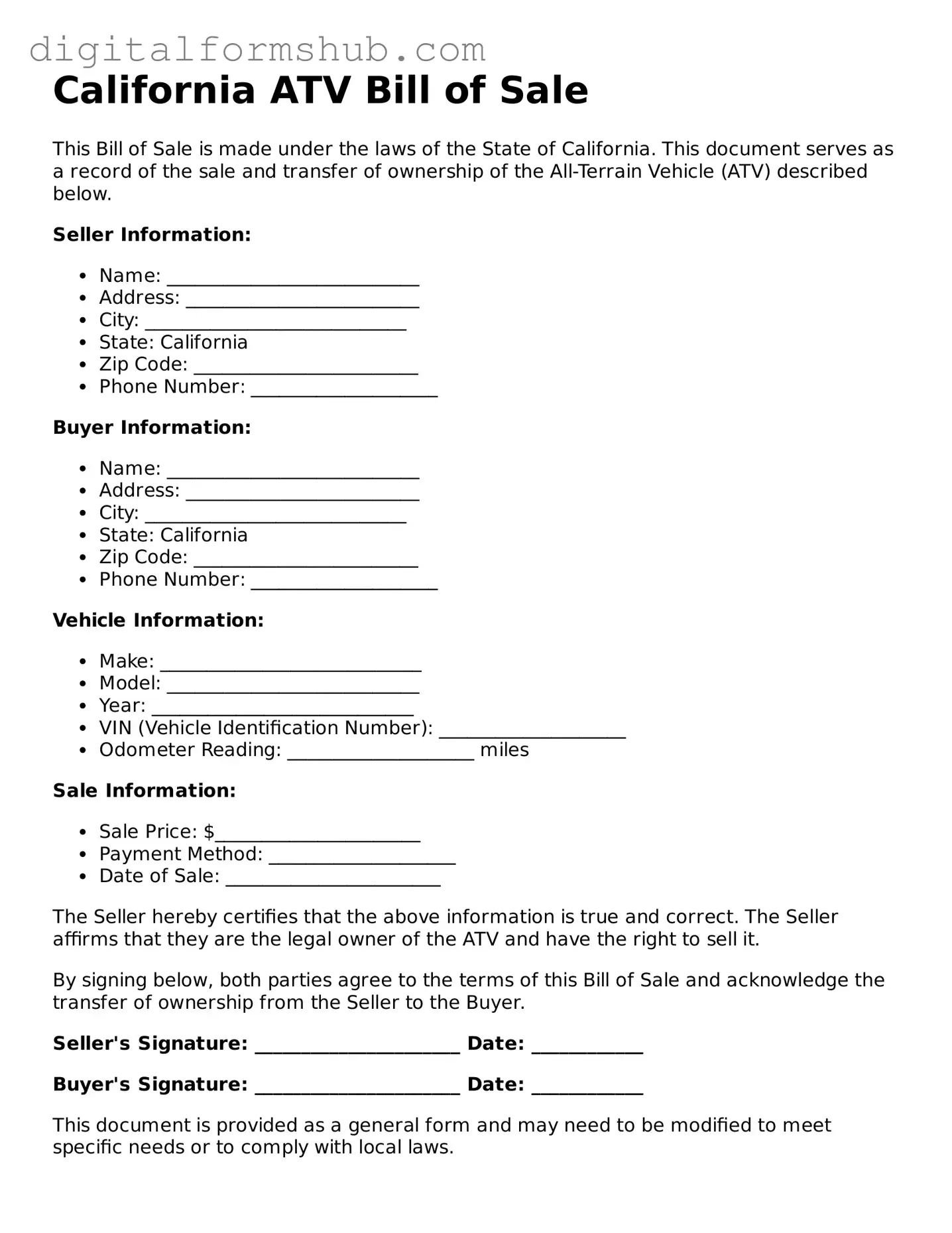 Official ATV Bill of Sale Template for the State of California