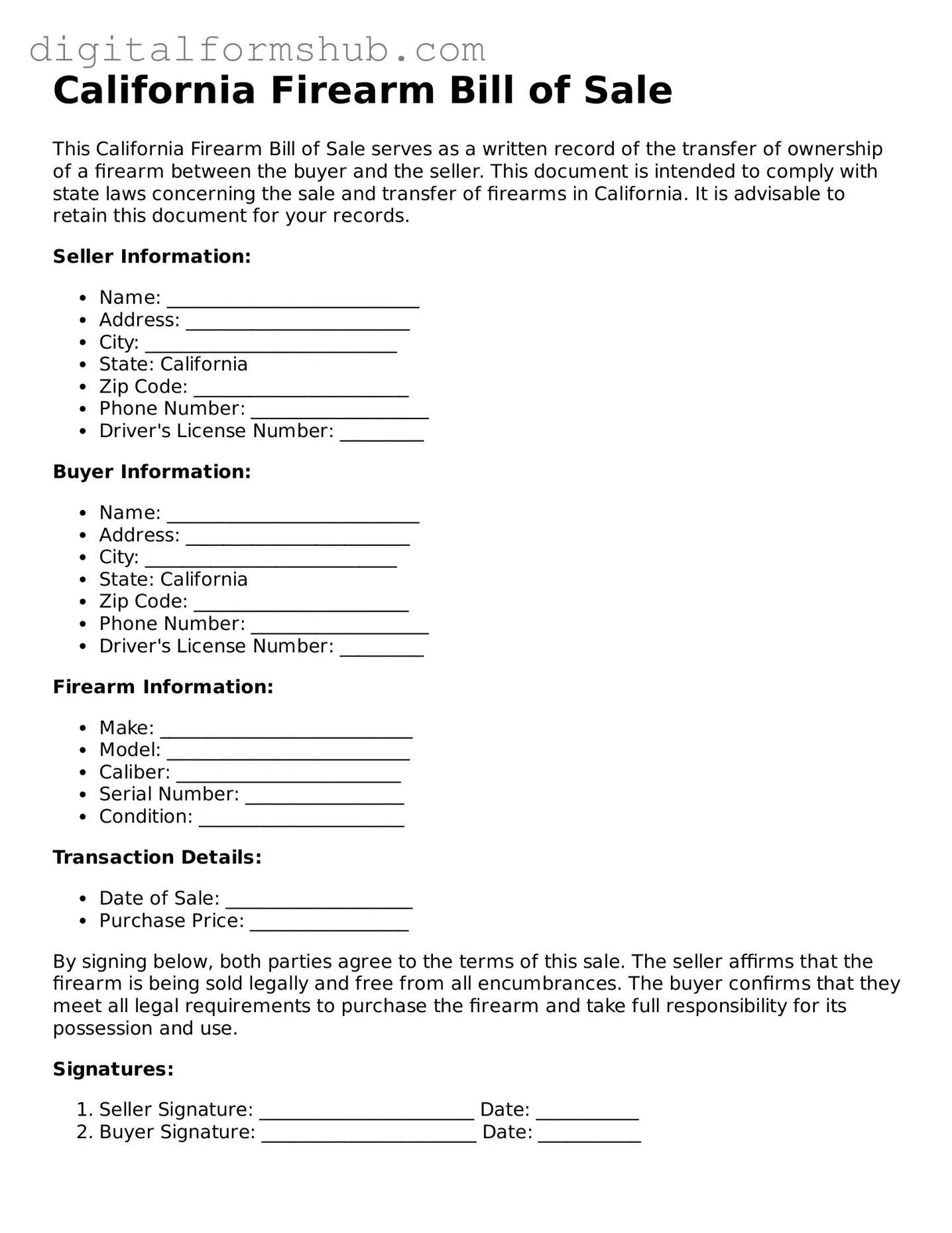 Official Firearm Bill of Sale Template for the State of California