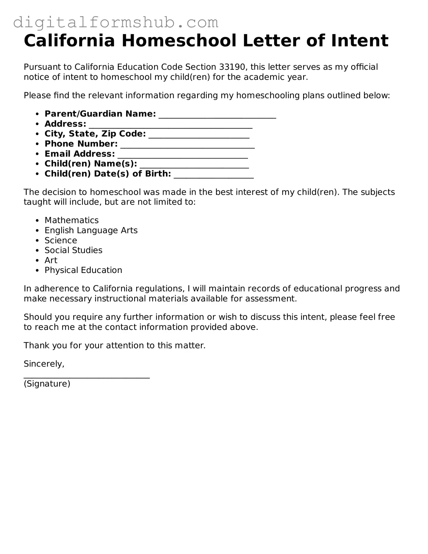 Official Homeschool Letter of Intent Template for the State of California