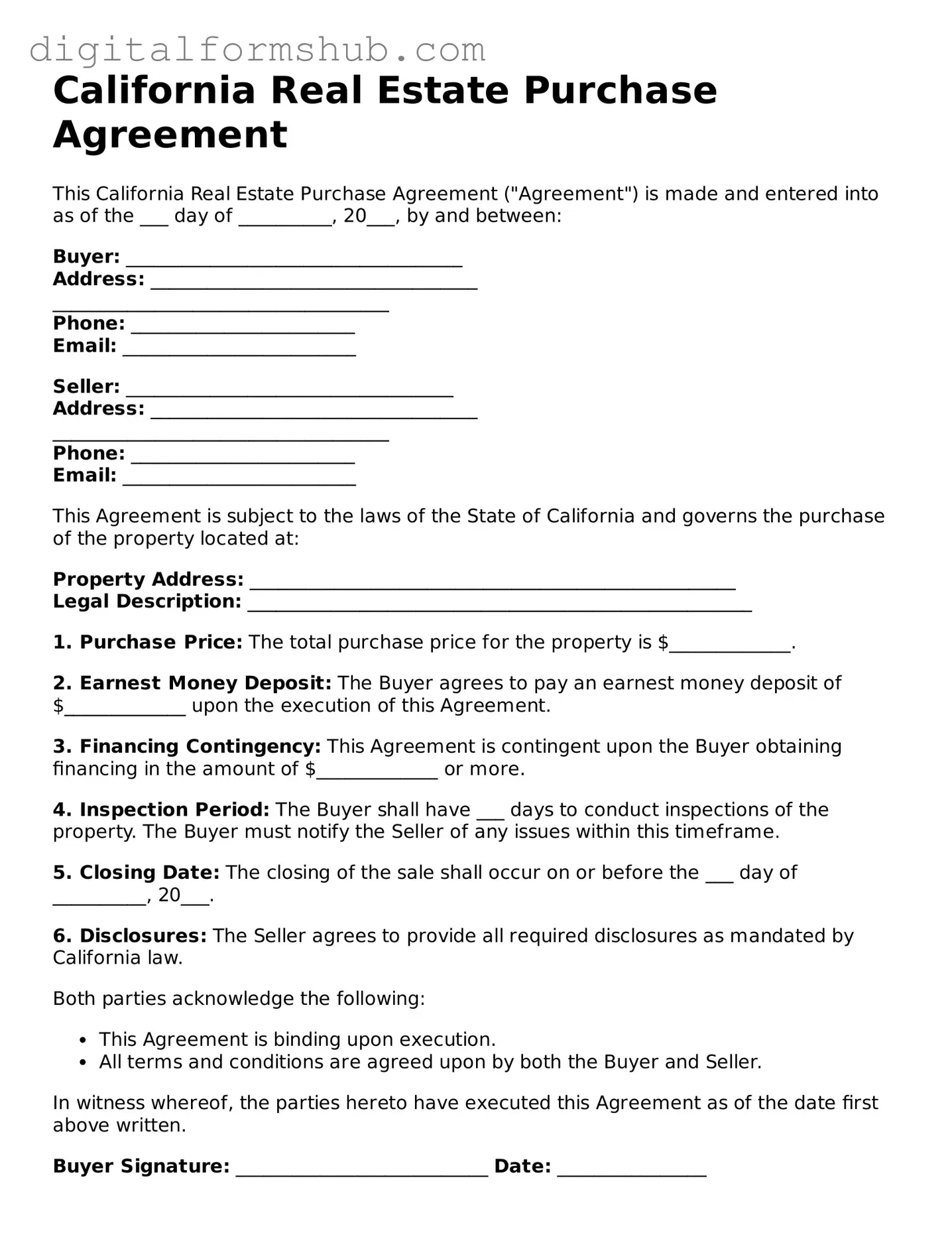 Official Real Estate Purchase Agreement Template for the State of California