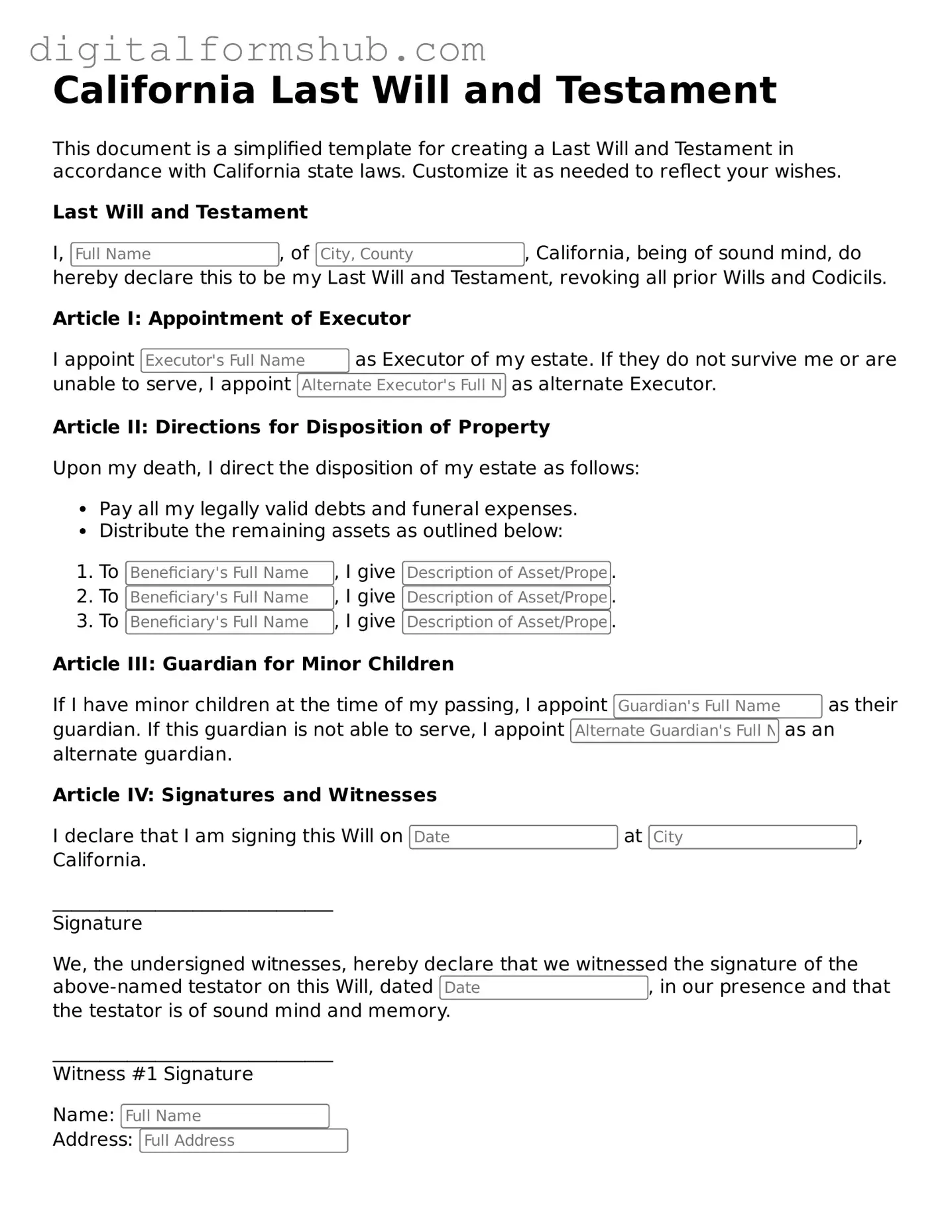 Official Last Will and Testament Template for the State of California