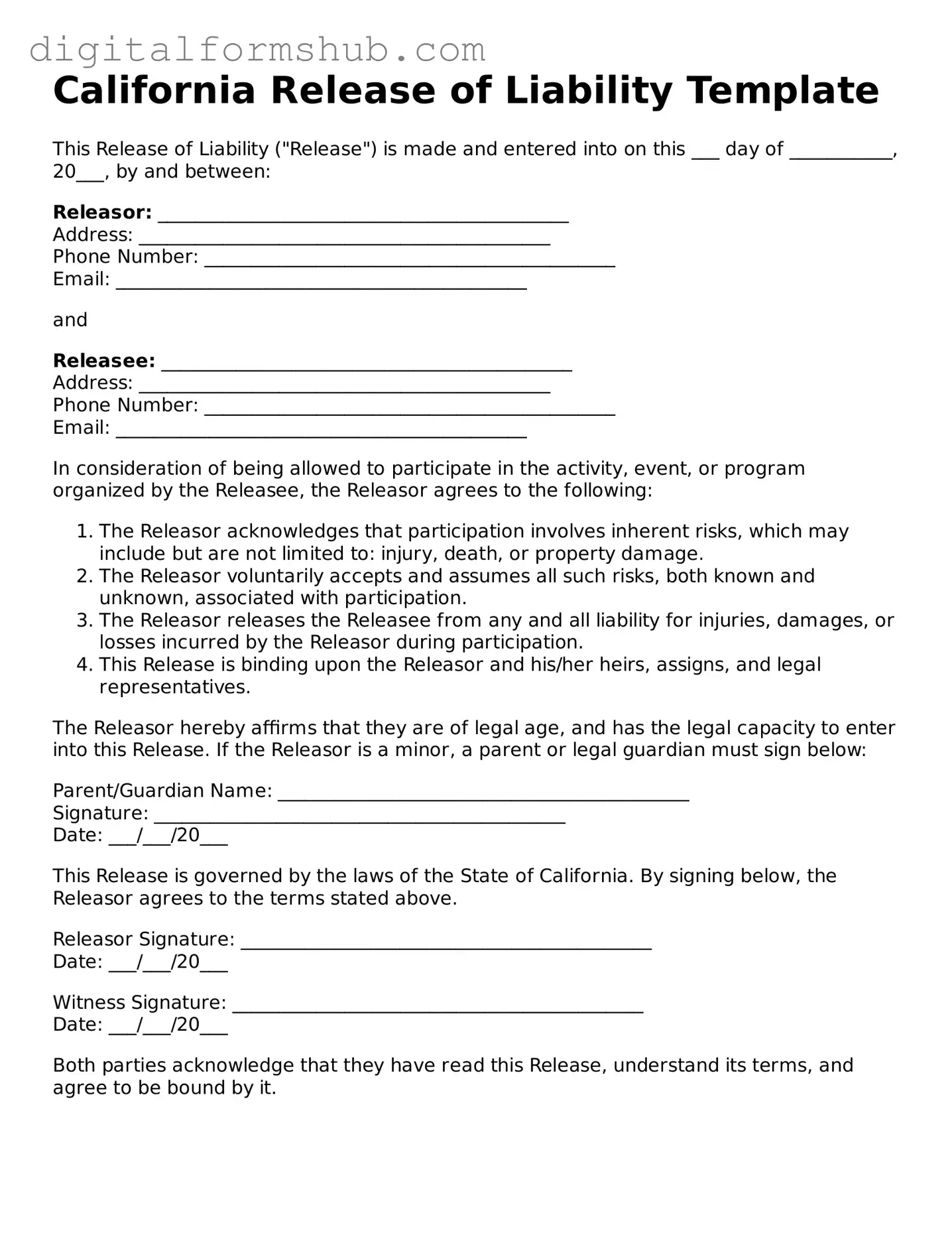 Official Release of Liability Template for the State of California