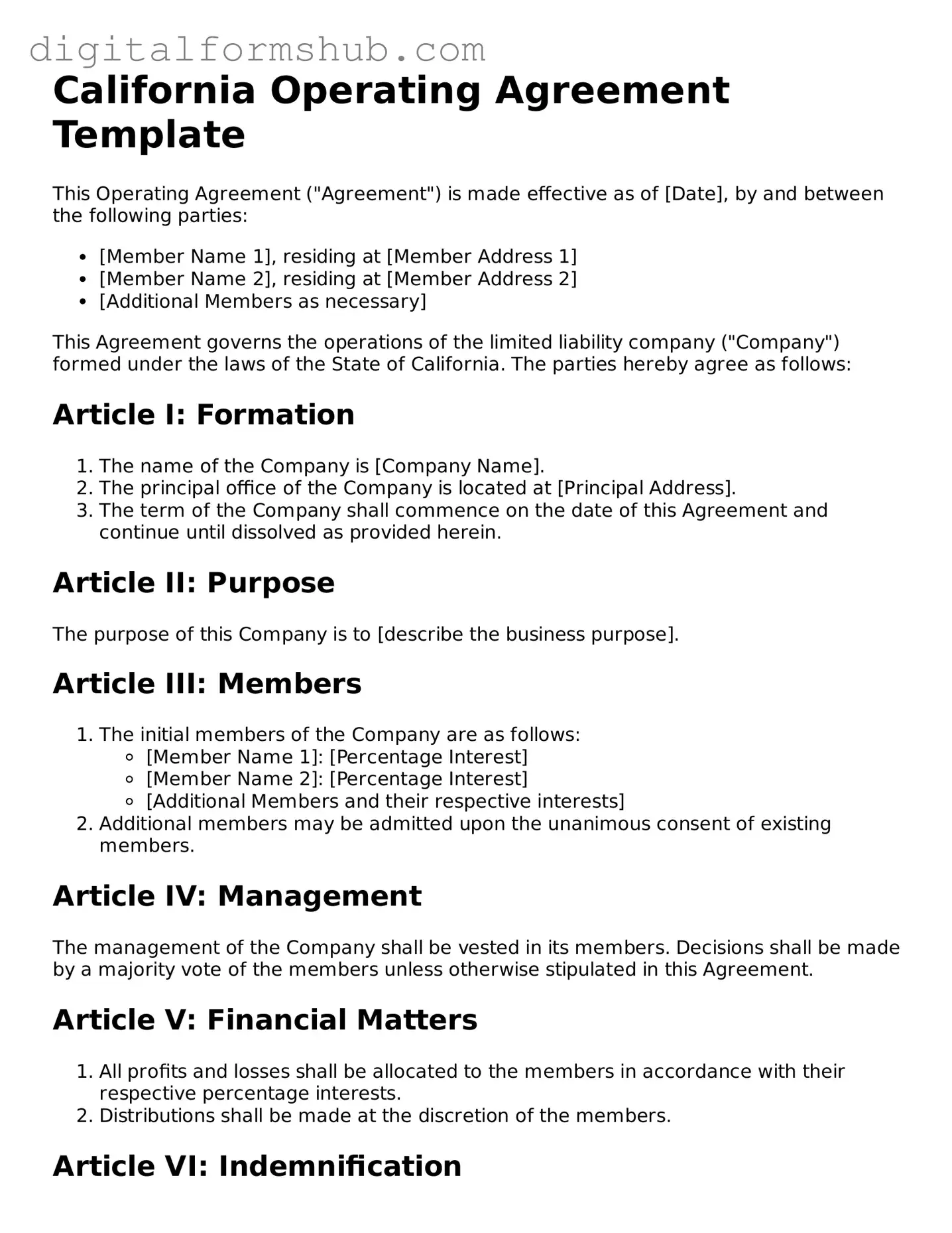 Official Operating Agreement Template for the State of California