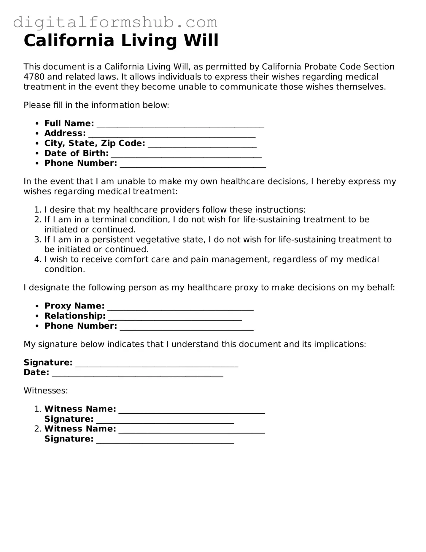 Official Living Will Template for the State of California