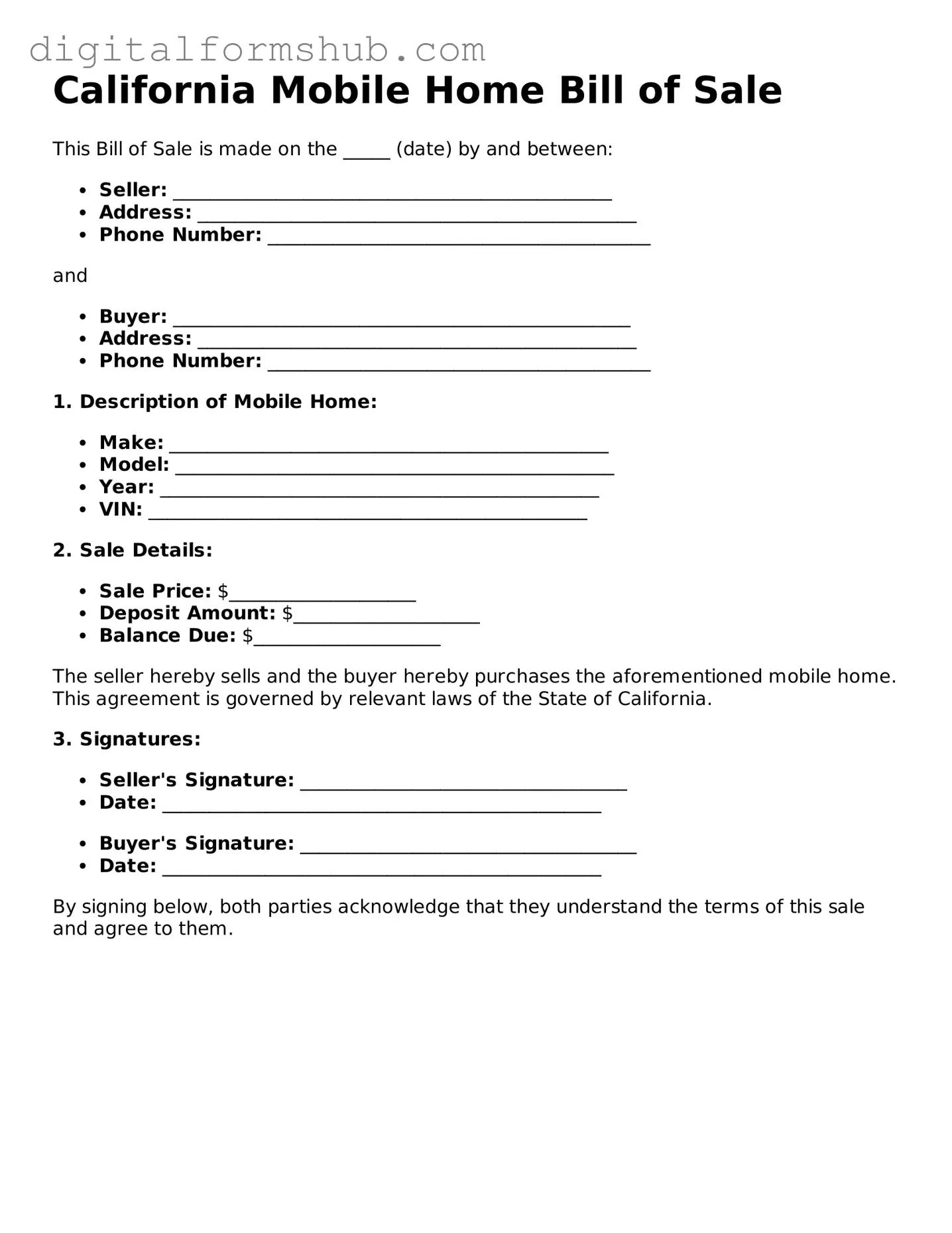 Official Mobile Home Bill of Sale Template for the State of California