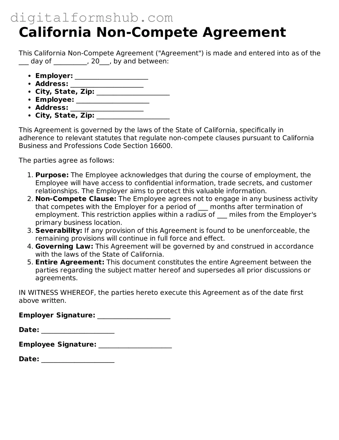 Official Non-compete Agreement Template for the State of California
