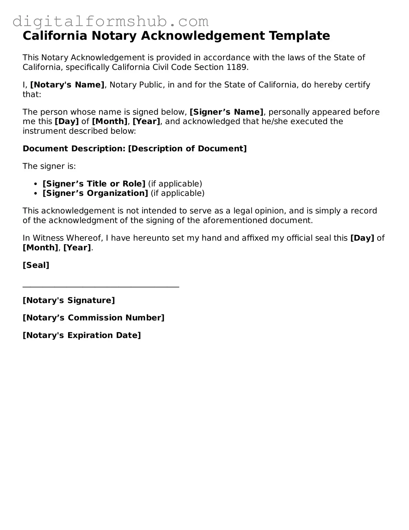 Official Notary Acknowledgement Template for the State of California