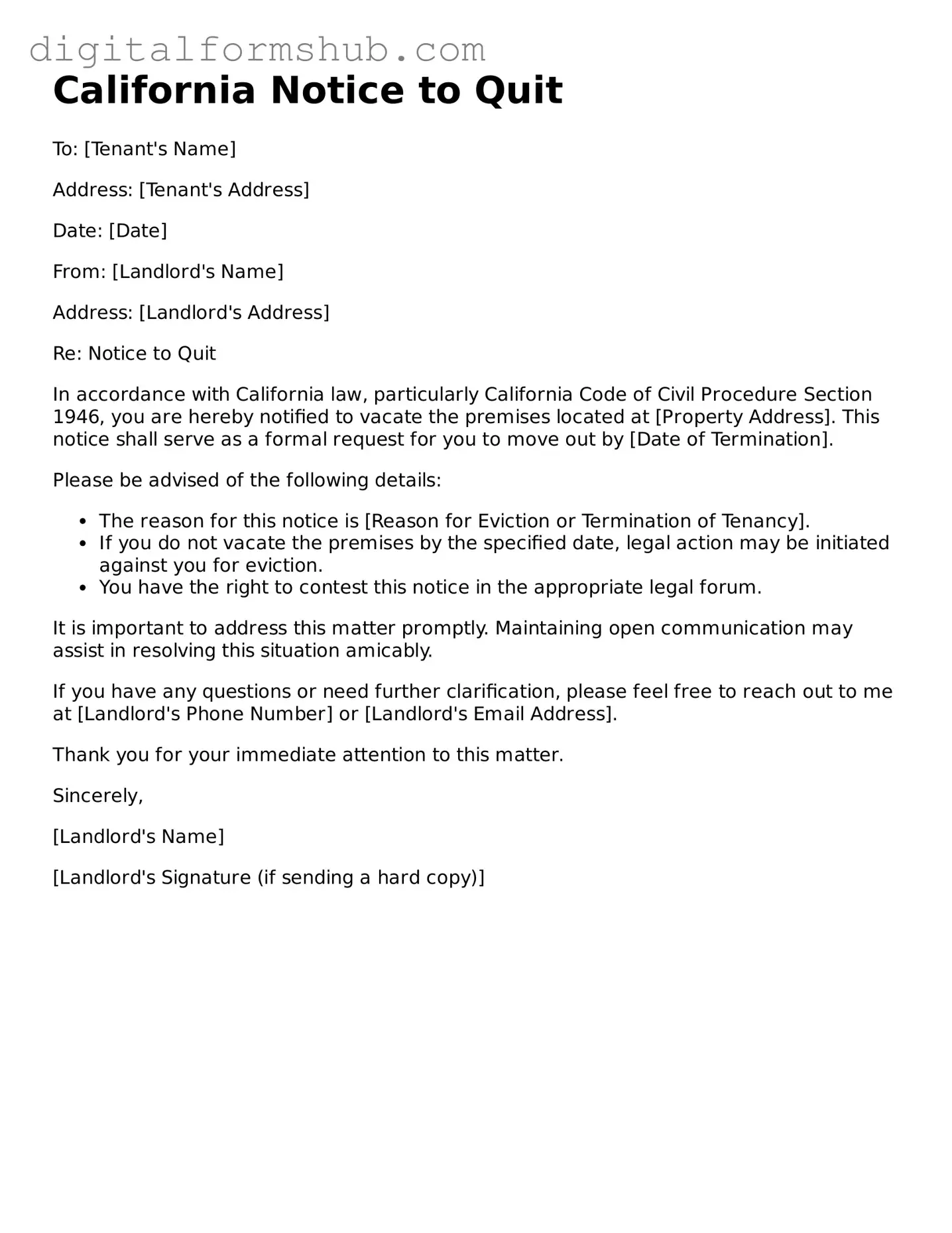 Official Notice to Quit Template for the State of California